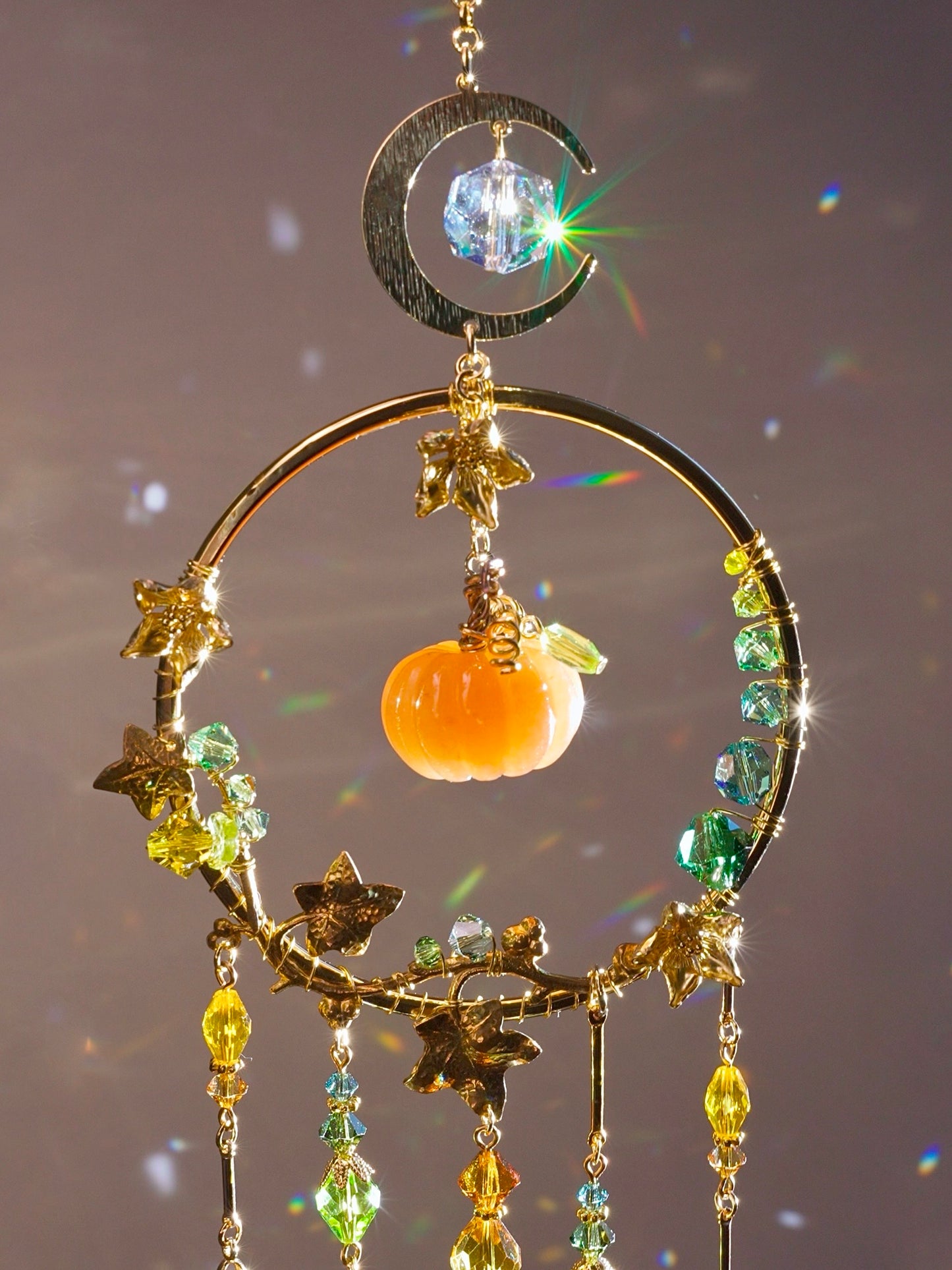 Orange Aventurine "Harvest pumpkin" Mini Suncatcher, Gemstone, Stainless Steel, Gold-plated Brass Crystal celestial witchy Halloween Decor