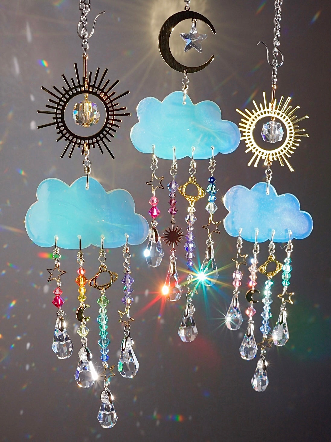 Hand-carved Opalite Rain Cloud Car Charm Suncatcher ~ 18k Gold-Plated, Stainless Steel, ombré Rainbow Crystal prisms