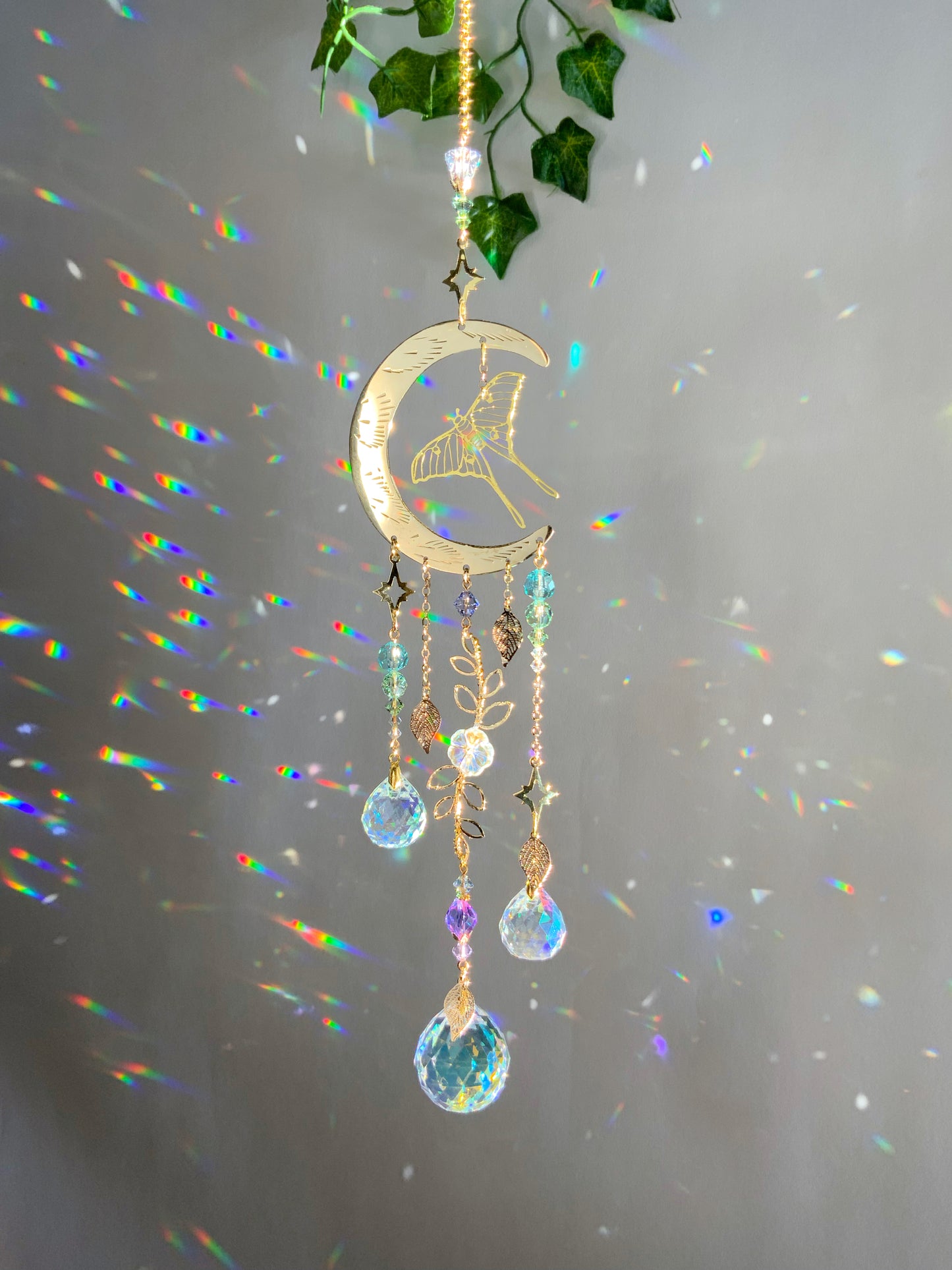 "Flight of the Luna Moth" Suncatcher, Bronze and 18k Gold-Plated Witchy Crystal Celestial Moonflower room decor