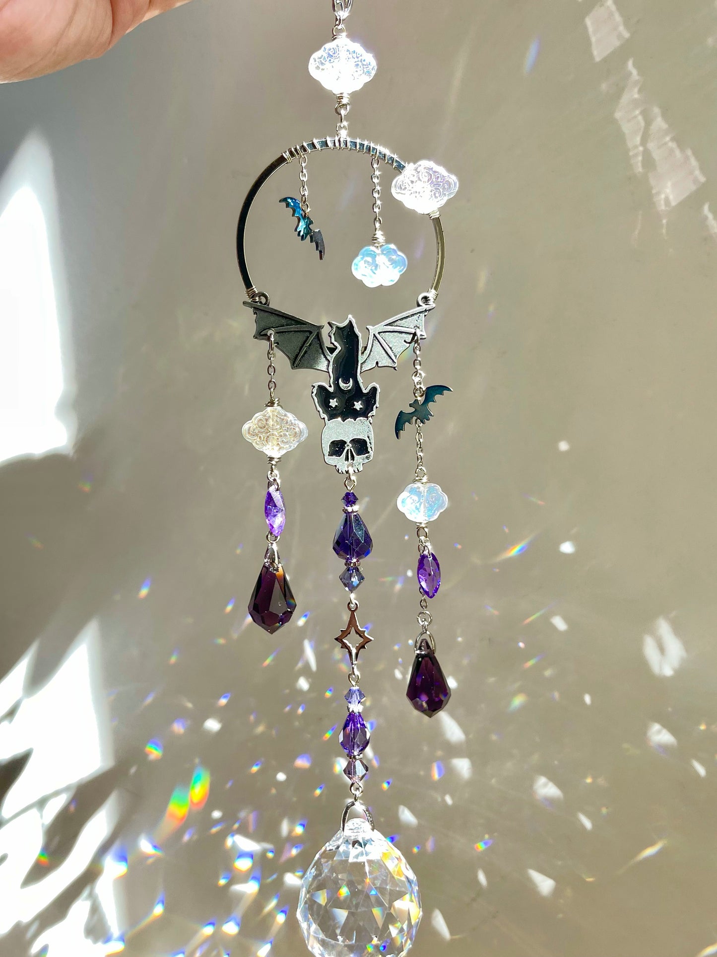 "Night Keeper" Kitty Bat Car Charm made with Perfect Purple Crystals! Celestial Moon Spooky Halloween Crystal Suncatcher