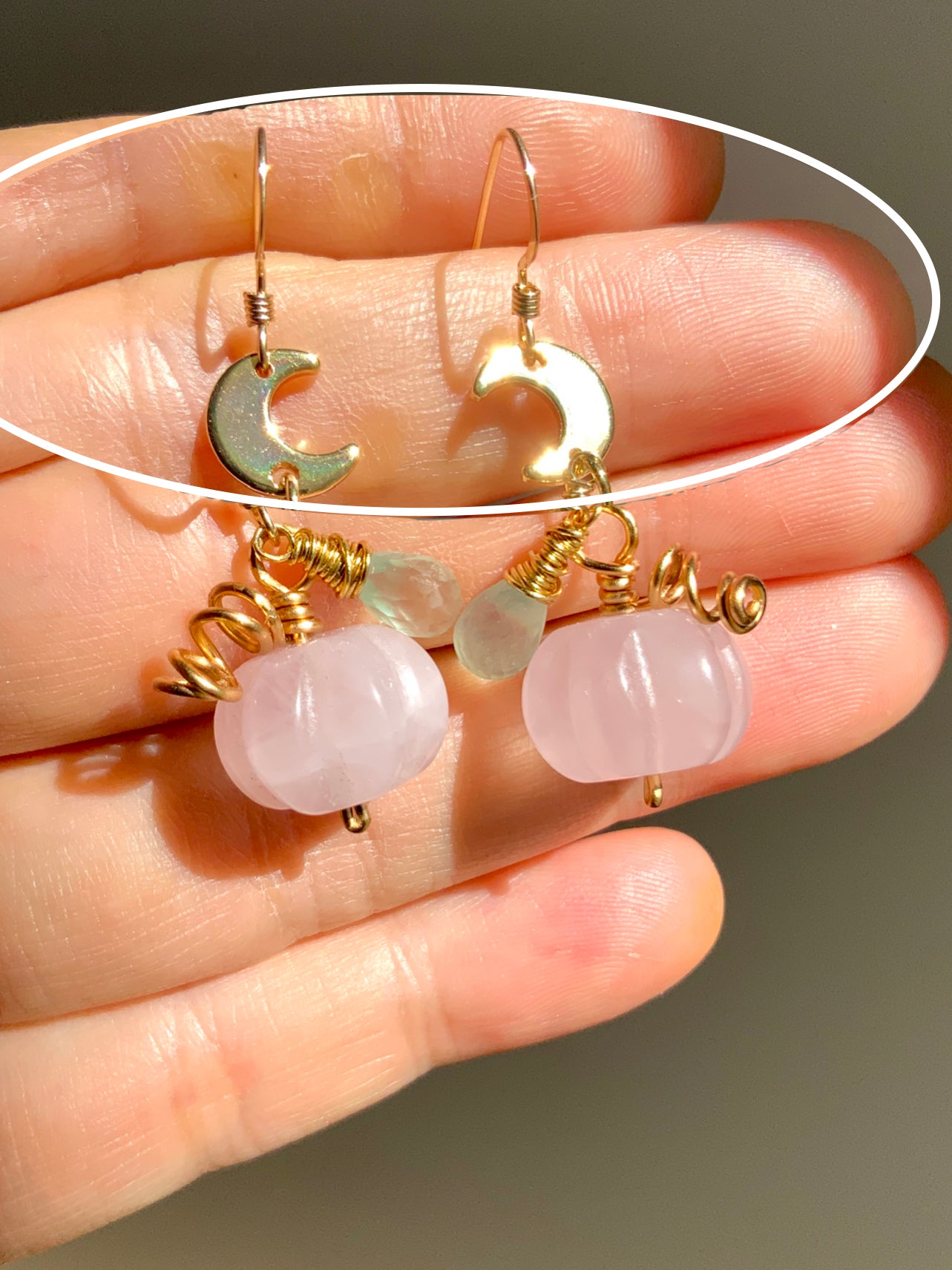 Rose Quartz Prehnite Pumpkin earrings ~ Gemstone Sterling or 14k Gold-Filled witchy Halloween spoopy magical jewelry