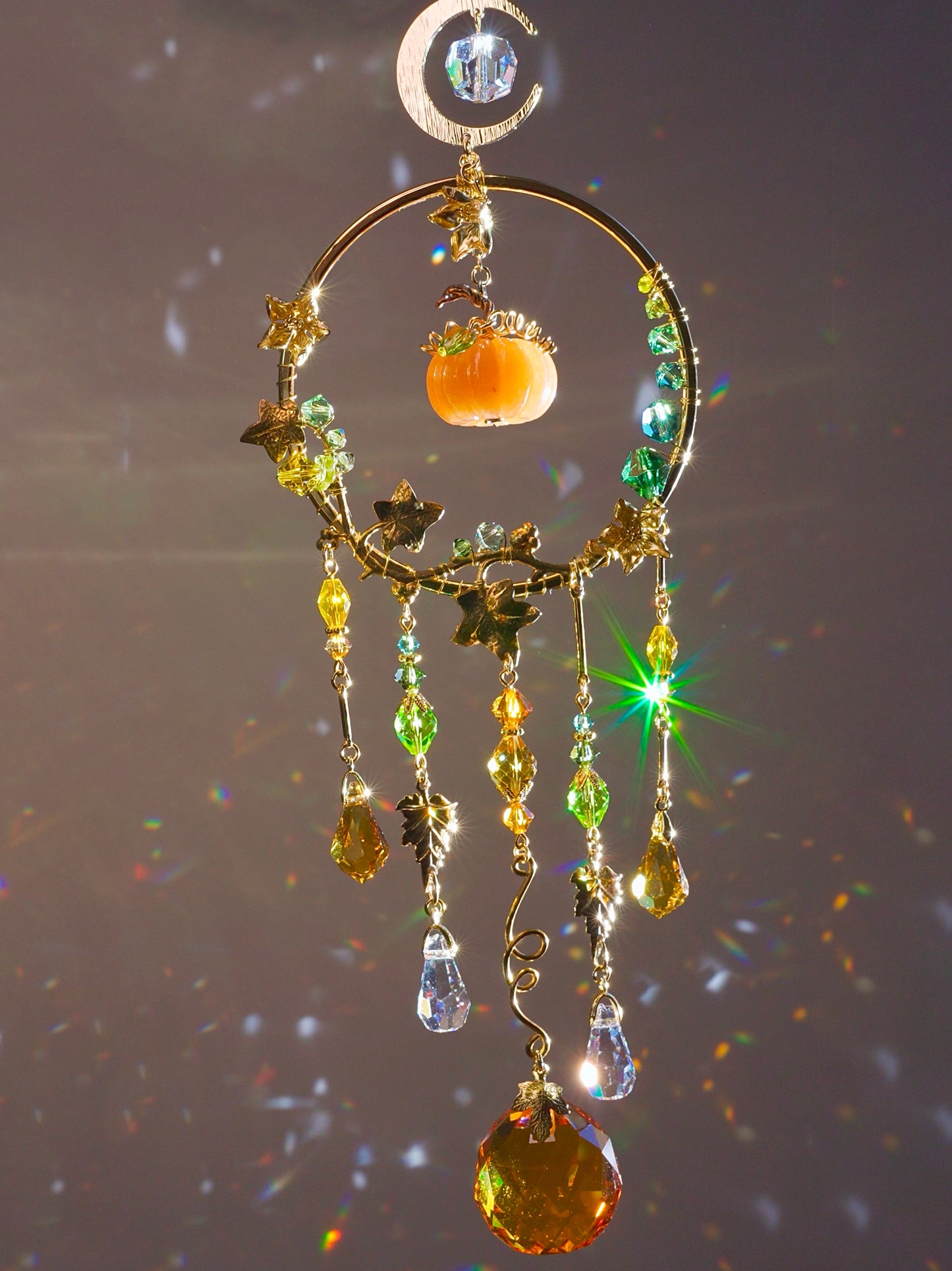 Orange Aventurine "Harvest pumpkin" Mini Suncatcher, Gemstone, Stainless Steel, Gold-plated Brass Crystal celestial witchy Halloween Decor