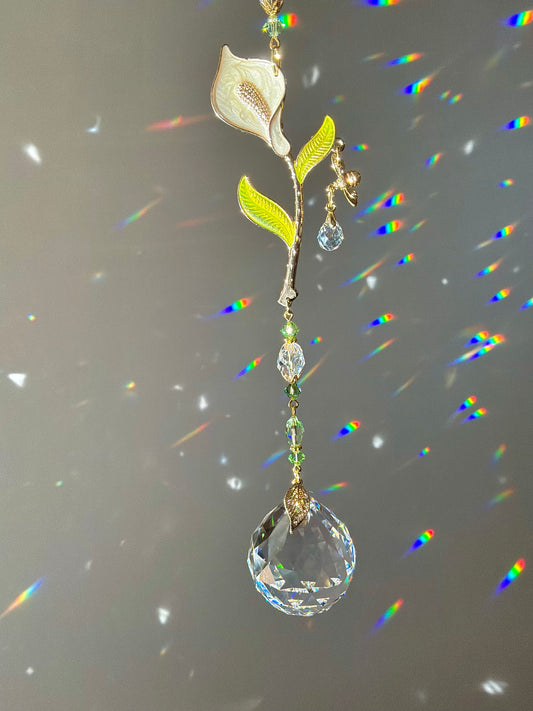 Calla Lily Crystal Ball Suncatcher, Enamel and 18k Gold-Plated Floral Botanical Prism Window Decor