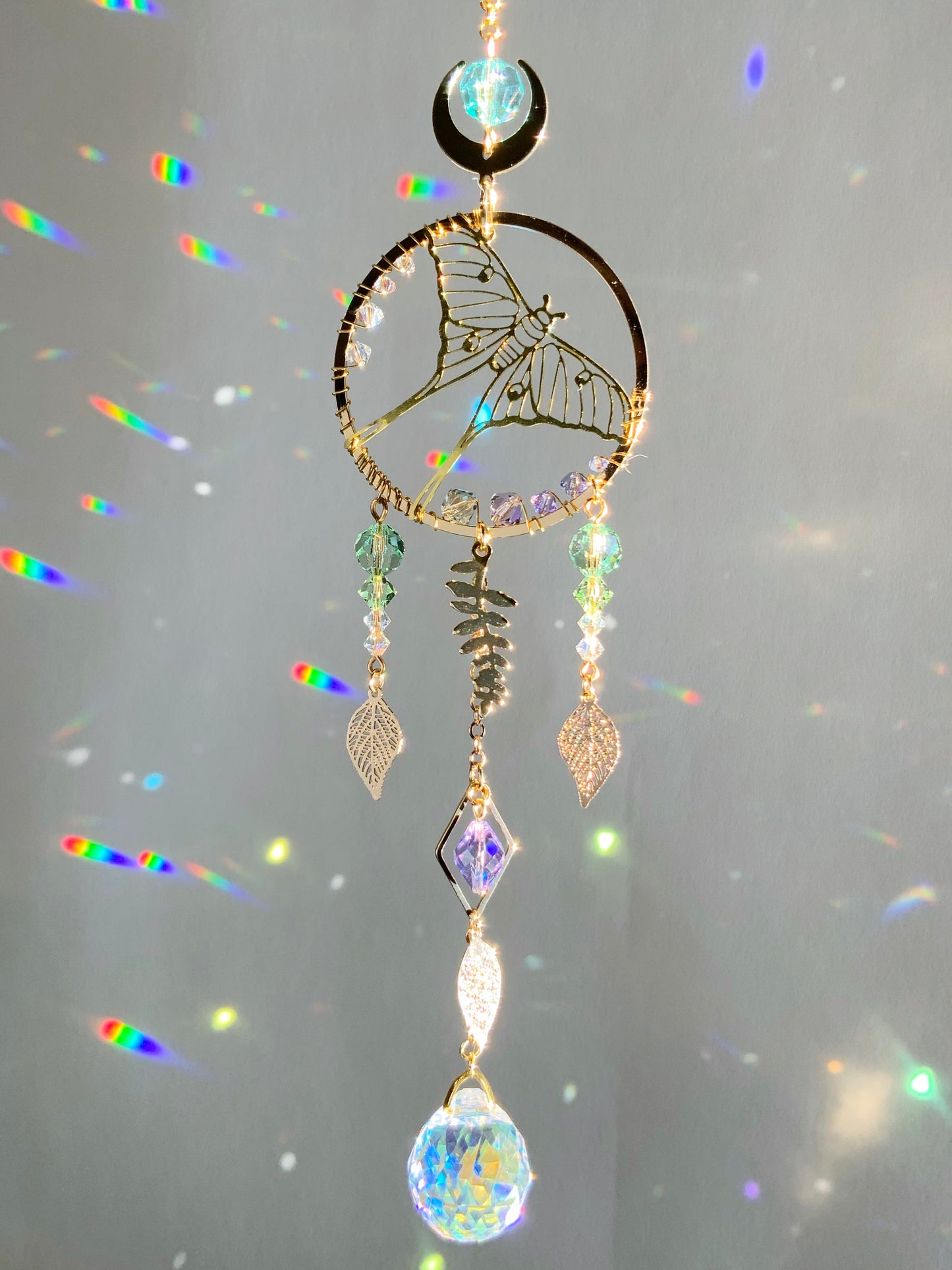 "Flight of the Luna Moth" Car Charm, 18k Gold-Plated Witchy Crystal Celestial Moon Prism suncatcher, rearview mirror hanger