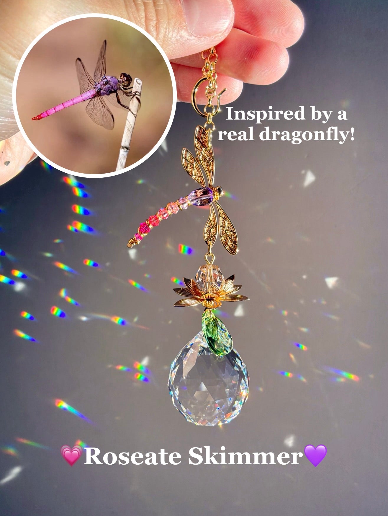 Jeweled Dragonfly Series~ 18k Gold-Plated Car Charm Suncatcher, Ombre Color Gradient made with Rare Crystals