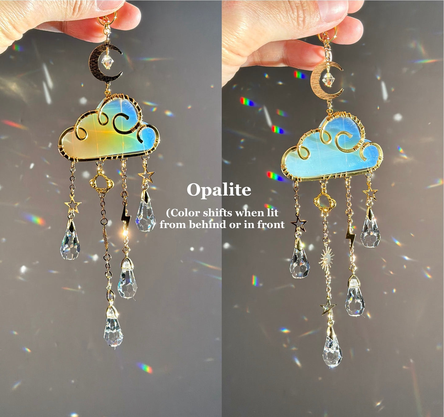 Gemstone Rain Cloud Car Charm Suncatcher ~ 18k Gold-Plated or Stainless Steel, Clear or Rose Quartz, Purple Jade or Lepidolite