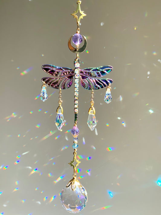 "Eventide" Dragonfly Crystal Ball Suncatcher, Window Charm made with ombré prisms and 18k Gold-Plated Brass