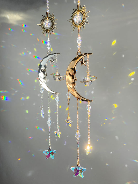 "Falling Stars" ~ Mini Suncatcher, Gold or Silver, Sun Moon Saturn Celestial Crystal Prism ornament