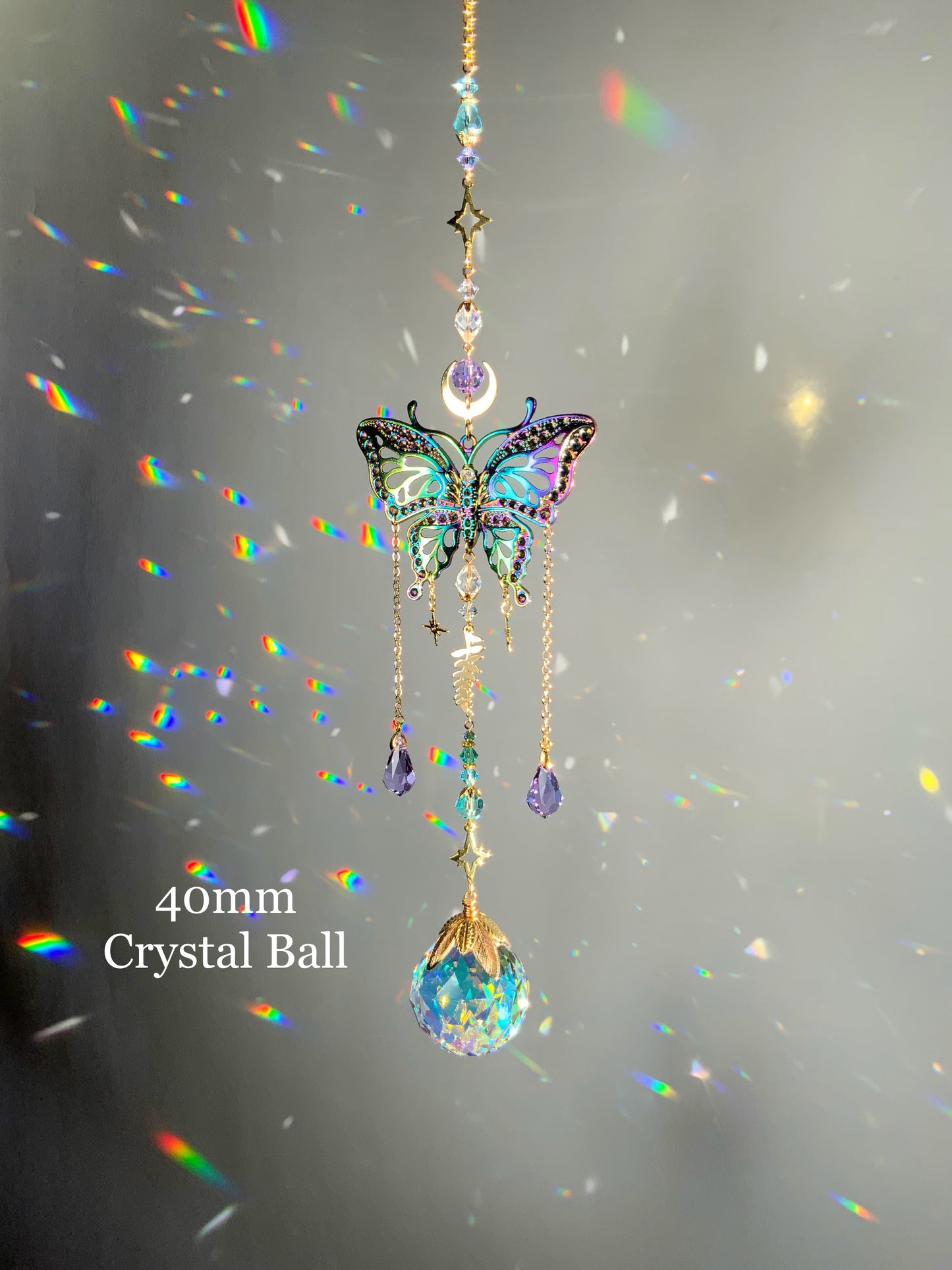 Mystic Butterfly Crystal Ball Suncatcher, Celestial Window Charm made with ombré prisms and 18k Gold-Plated brass