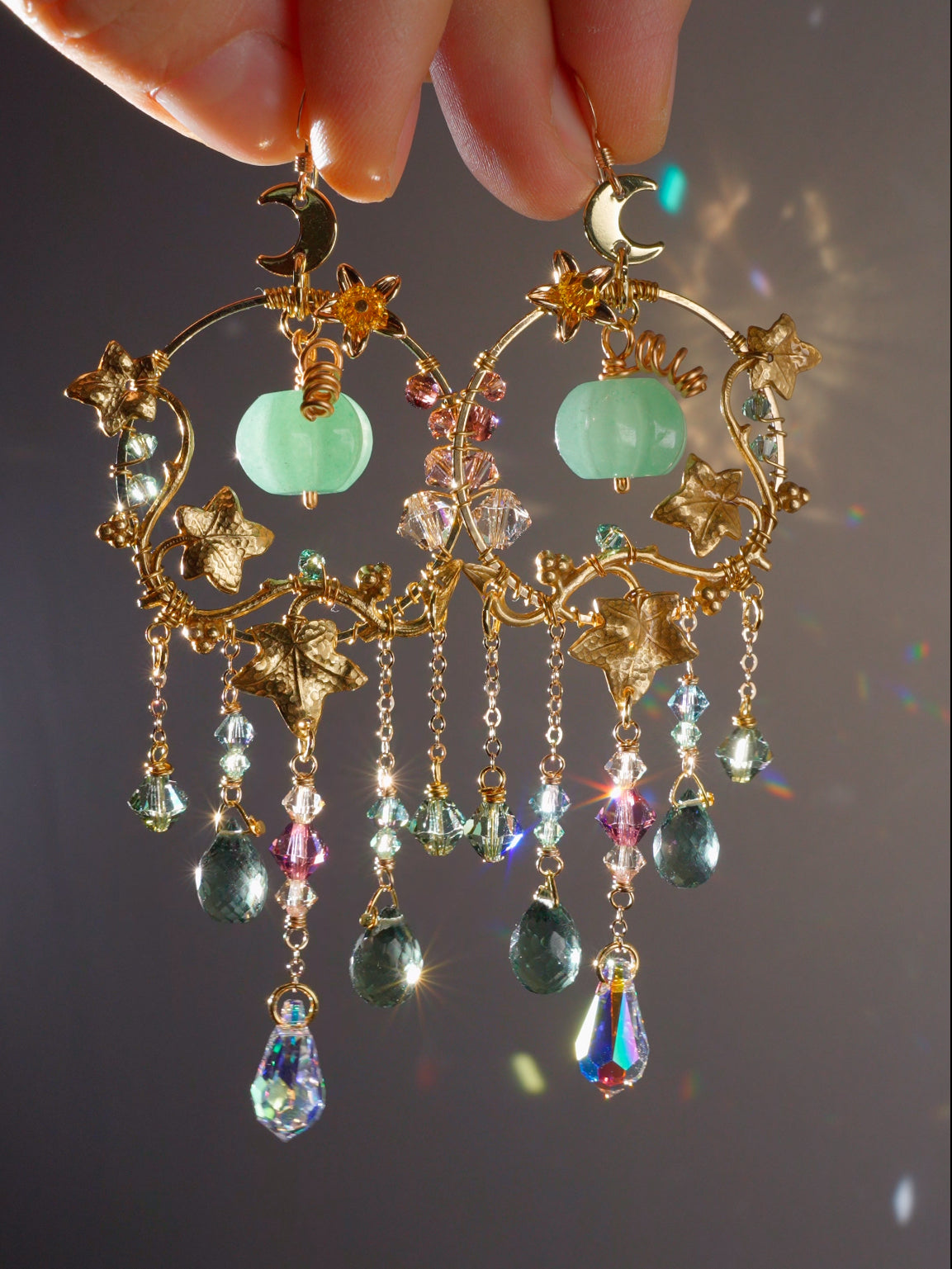 Green Aventurine "Harvest pumpkin" Earrings, Gemstone and Prism Gold-plated Brass Crystal Suncatcher witchy Halloween Jewelry