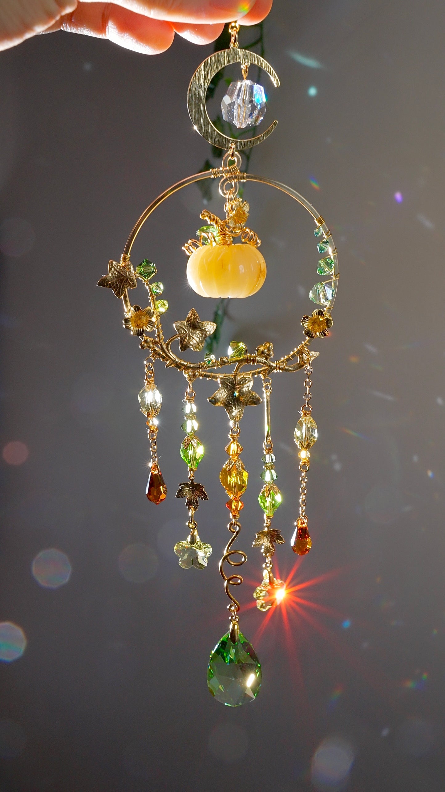 Yellow Quartz "Harvest pumpkin" Mini Suncatcher, Gemstone and Gold-plated Brass Crystal celestial witchy Halloween Decor