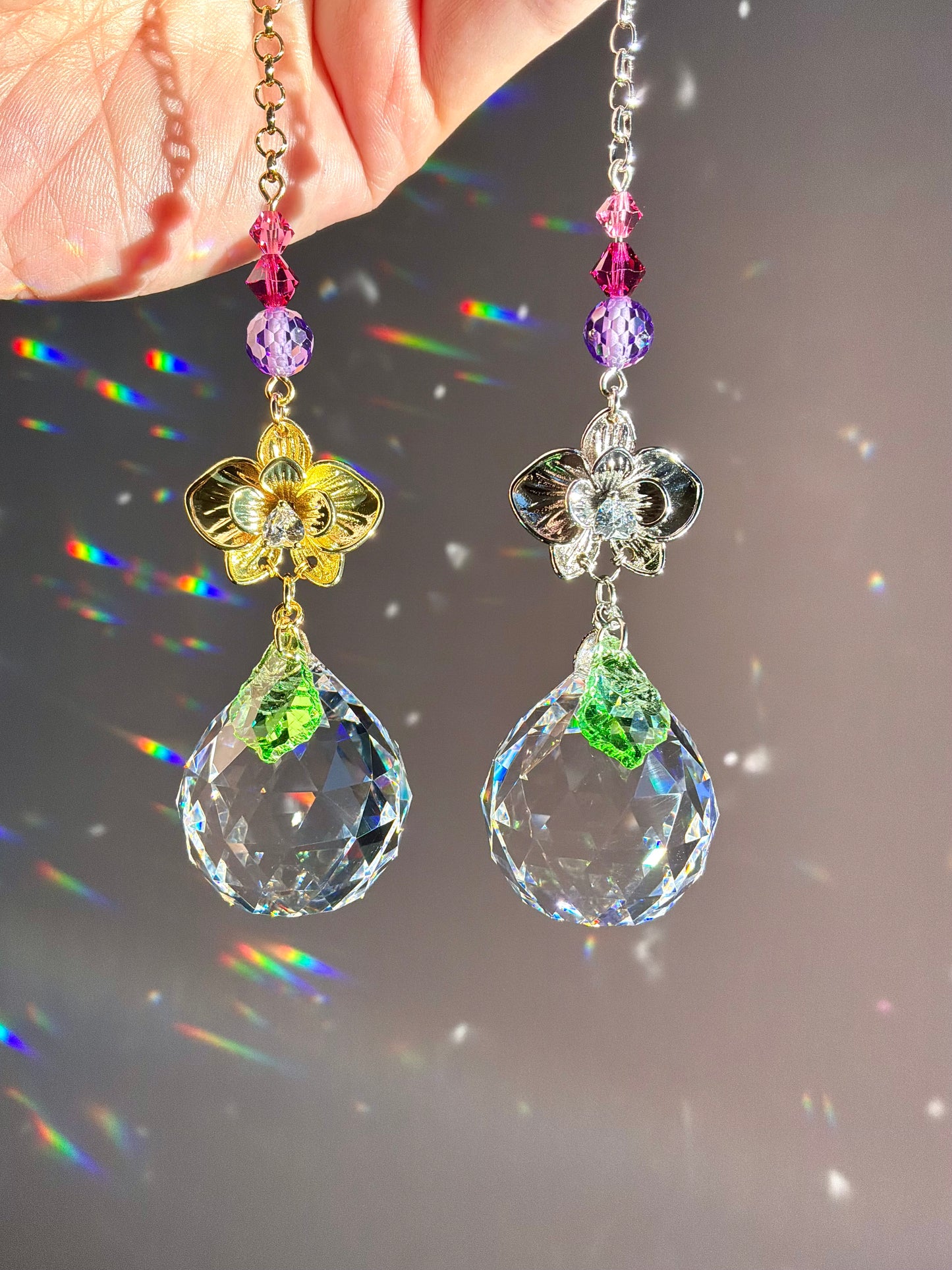 Jeweled Orchid Flower Crystal Car Charm, Floral Prism Suncatcher Purple Pink home decor or accessories