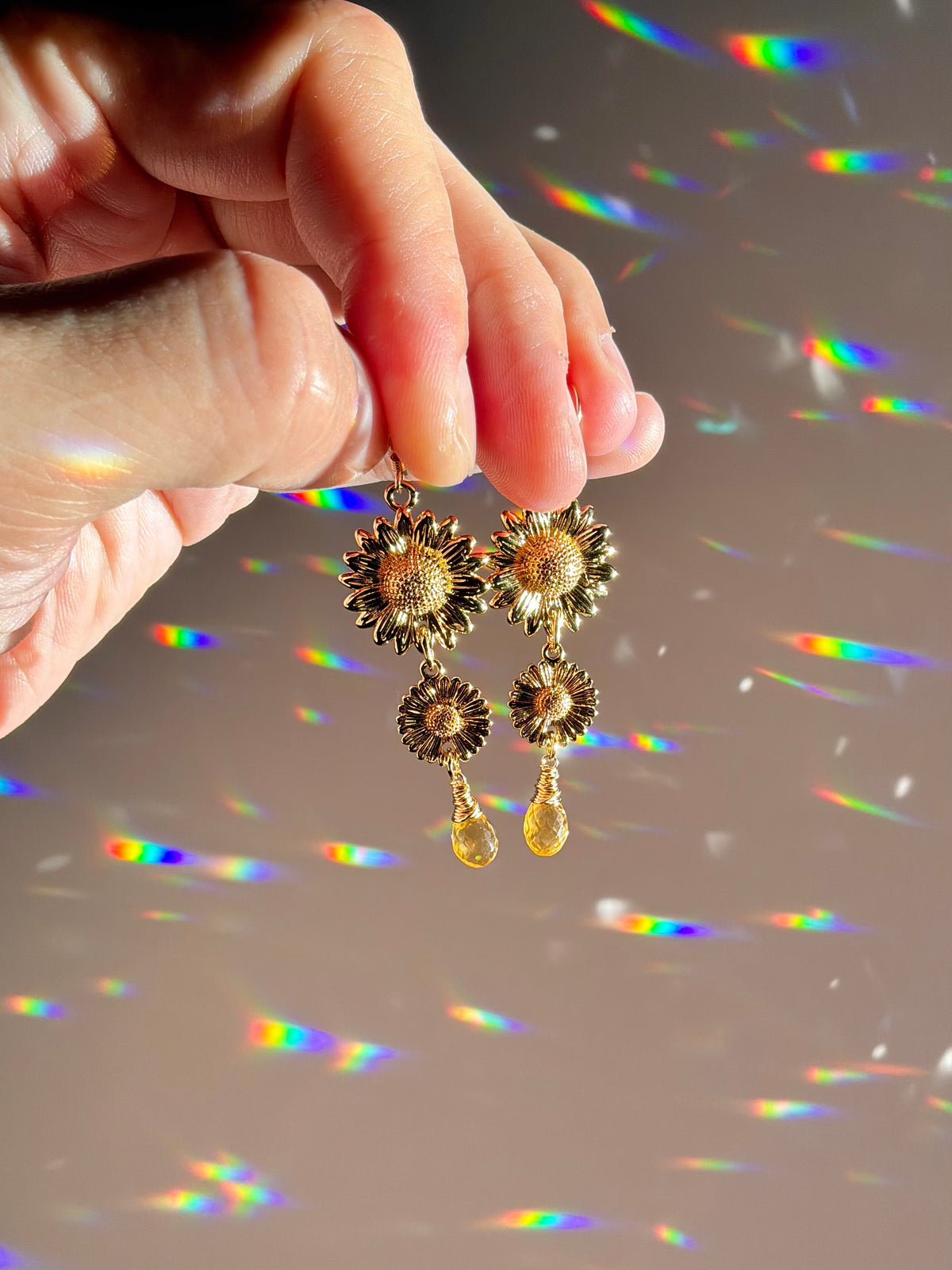Sunflowers & Citrine 18k Gold-plated Gemstone Earrings or Crystal prisms