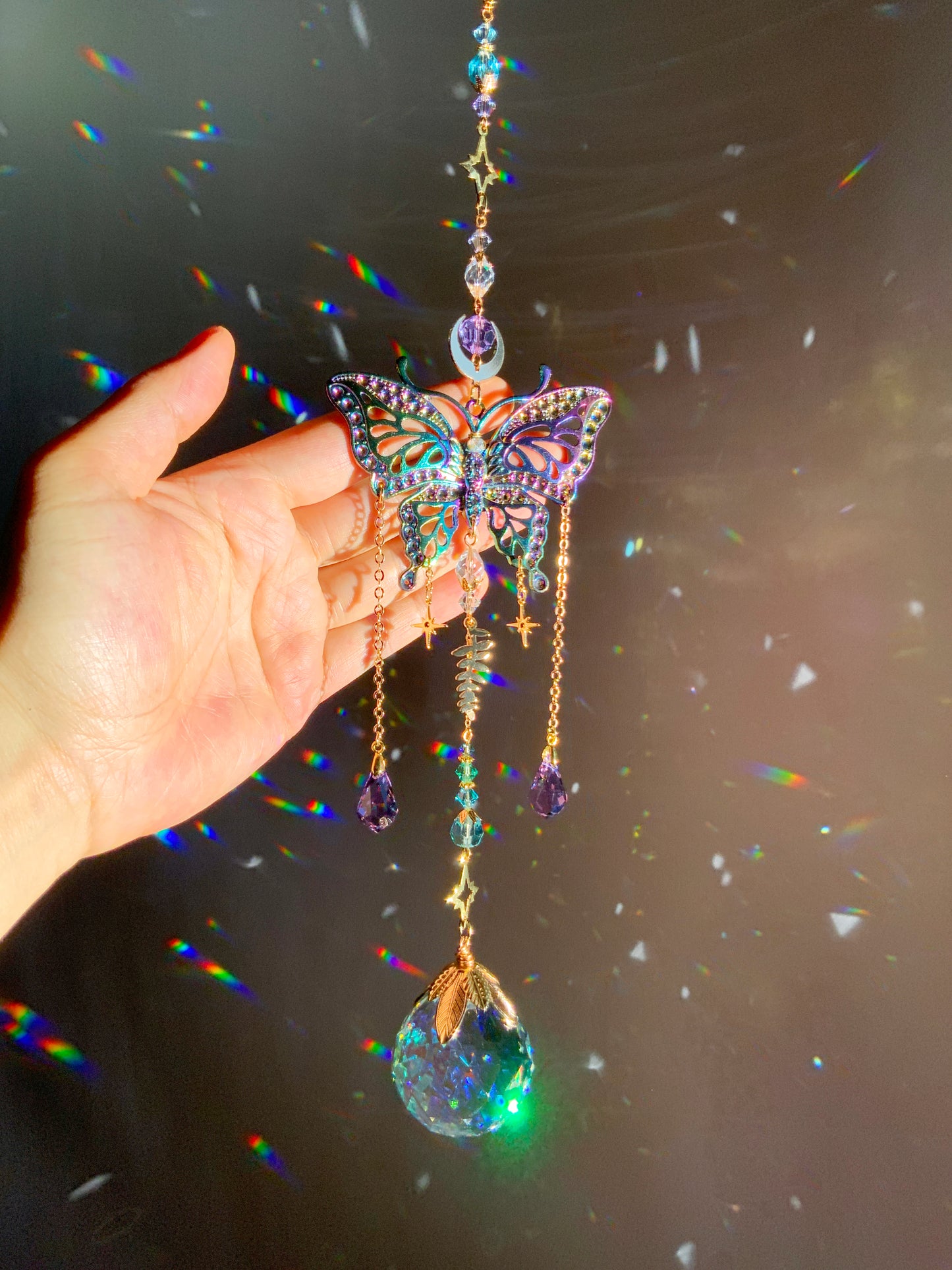 Mystic Butterfly Crystal Ball Suncatcher, Celestial Window Charm made with ombré prisms and 18k Gold-Plated brass