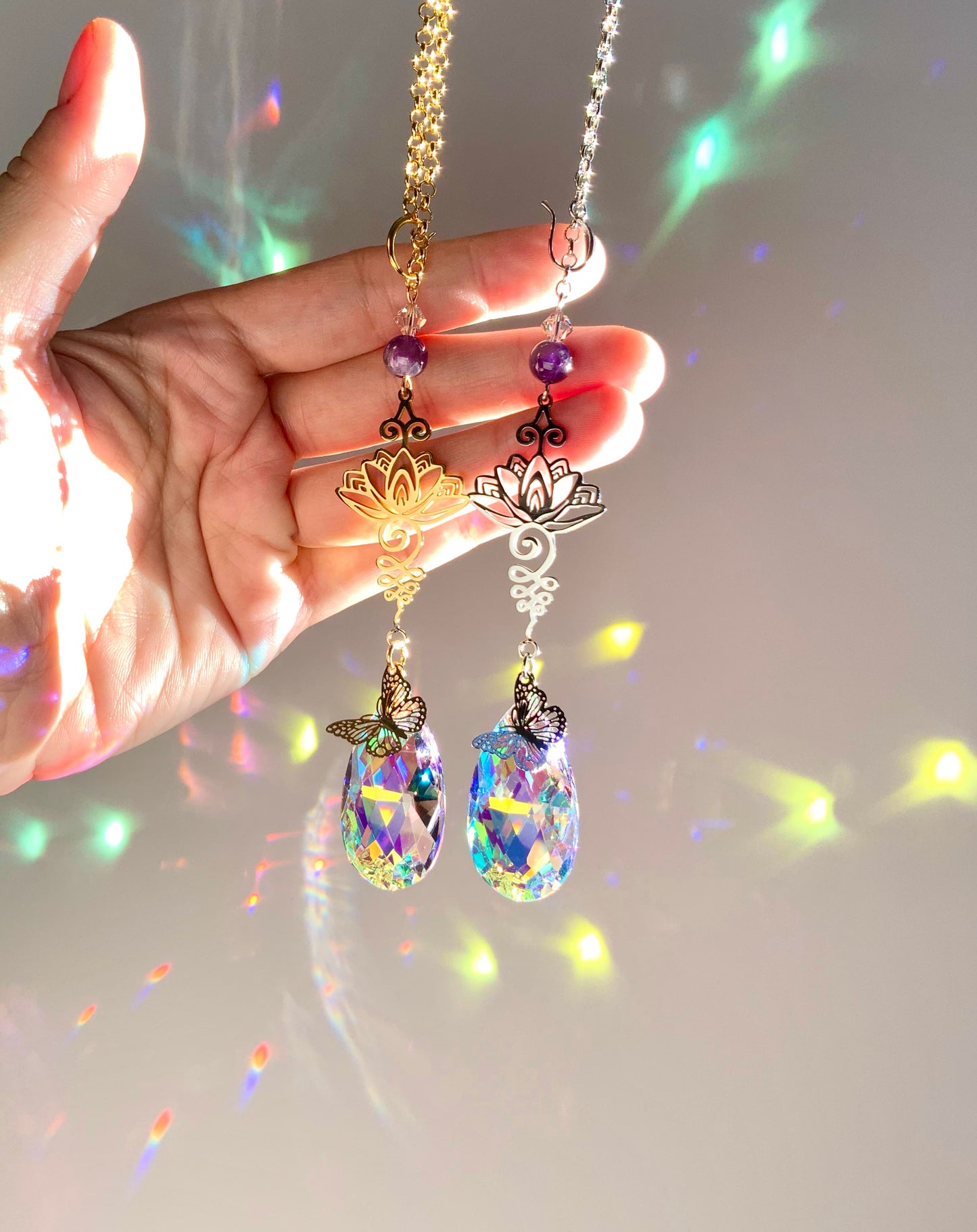 Amethyst Lotus Unalome Car Charm, Floral Gemstone Crystal Prism Suncatcher, home decor or car mirror hanger