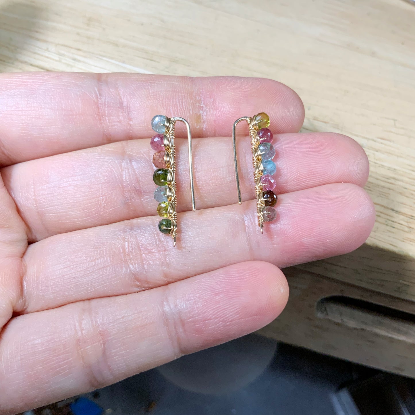 Watermelon Tourmaline Ear Climbers in Sterling Silver or 14k Gold Fill, October Birthstone gemstone earrings