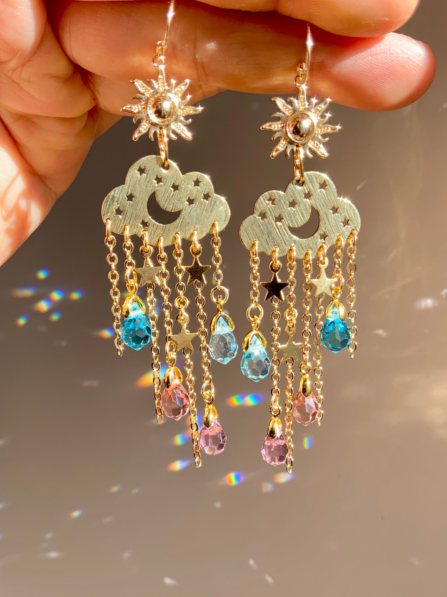 Ombré Sunrise Crystal Rain Cloud earrings~ 18k Gold-Plated Sun Moon Celestial prism Suncatcher jewelry