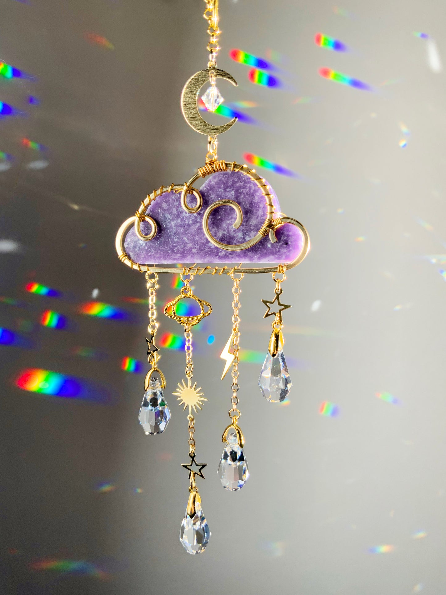 Gemstone Rain Cloud Car Charm Suncatcher ~ 18k Gold-Plated or Stainless Steel, Clear or Rose Quartz, Purple Jade or Lepidolite