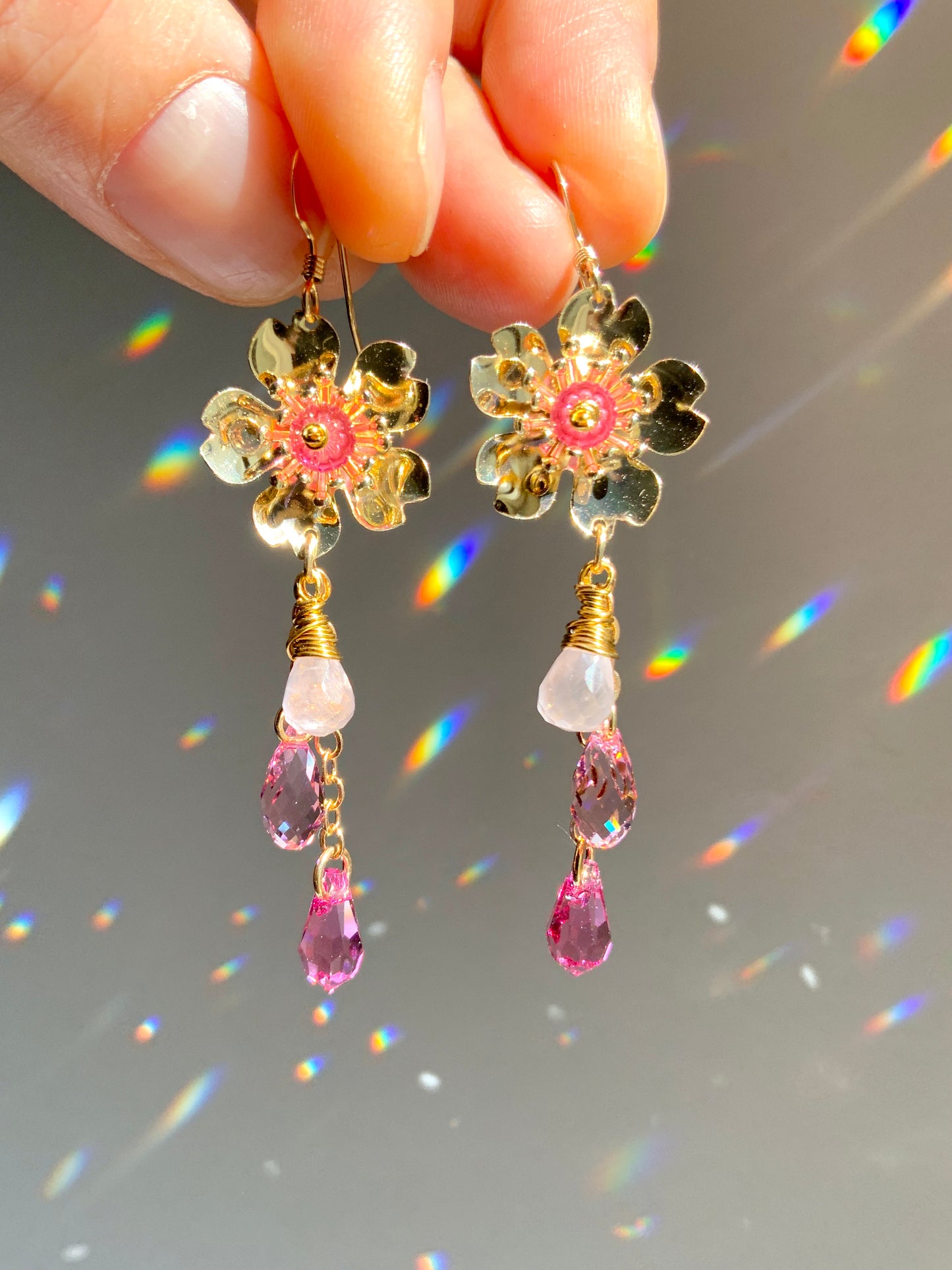 Rose Quartz Cherry Blossom Earrings~ Ombré Pink 18k Gold-Plated Sakura Crystal jewelry