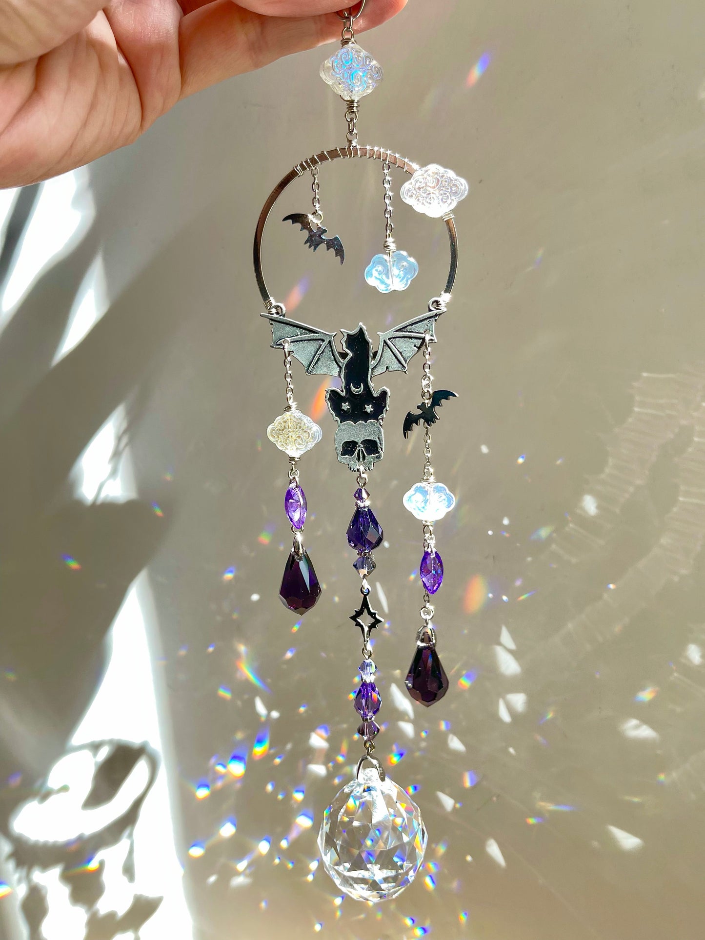 "Night Keeper" Kitty Bat Car Charm made with Perfect Purple Crystals! Celestial Moon Spooky Halloween Crystal Suncatcher