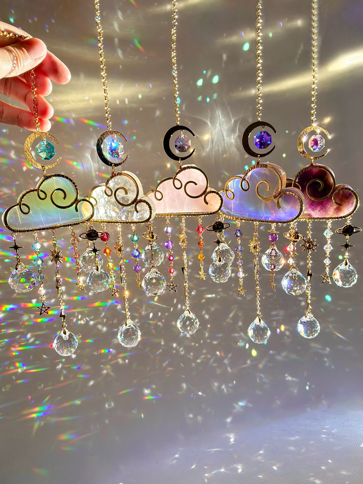 Large Gemstone Rain Cloud Suncatchers ~ 18k Gold-Plated or Stainless Steel, Clear/ Rose Quartz, Purple Opalite, Amethyst with Crystal Prisms