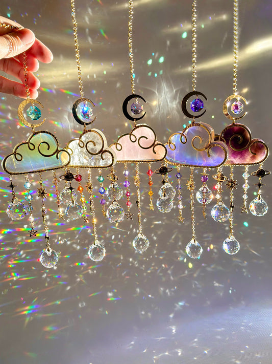 Large Gemstone Rain Cloud Suncatchers ~ 18k Gold-Plated or Stainless Steel, Clear/ Rose Quartz, Purple Opalite, Amethyst with Crystal Prisms