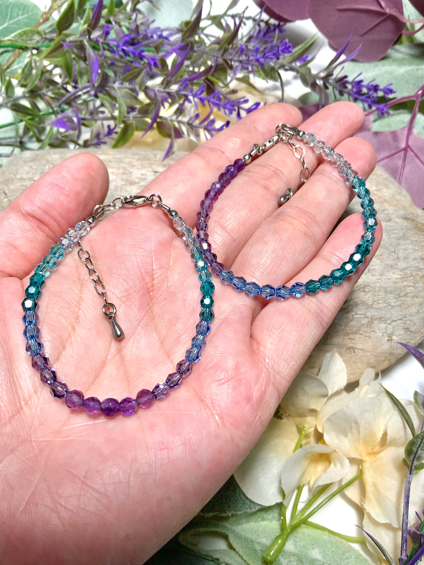Matching Amethyst Lagoon Ombré Crystal and Gemstone Bracelet, Adjustable Length