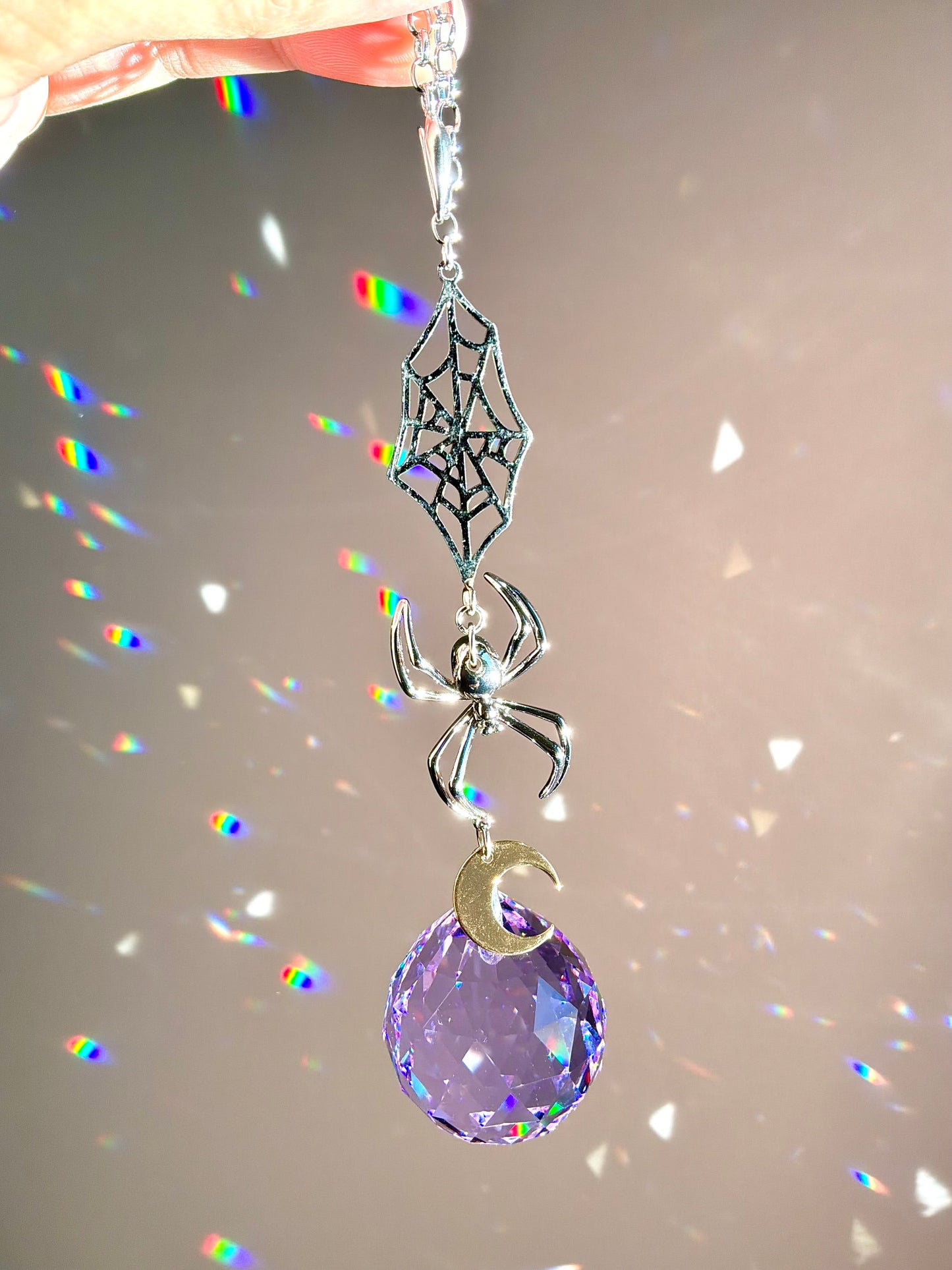 “Moon Weaver” Spider Prism Car Charm, 18k Gold-Plated Halloween Spooky auto decoration Suncatcher