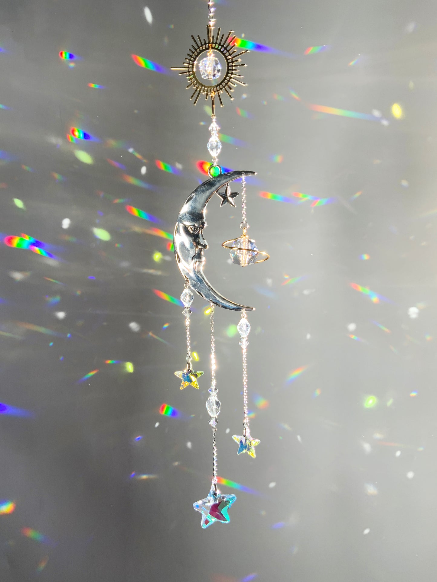 "Falling Stars" ~ Mini Suncatcher, Gold or Silver, Sun Moon Saturn Celestial Crystal Prism ornament