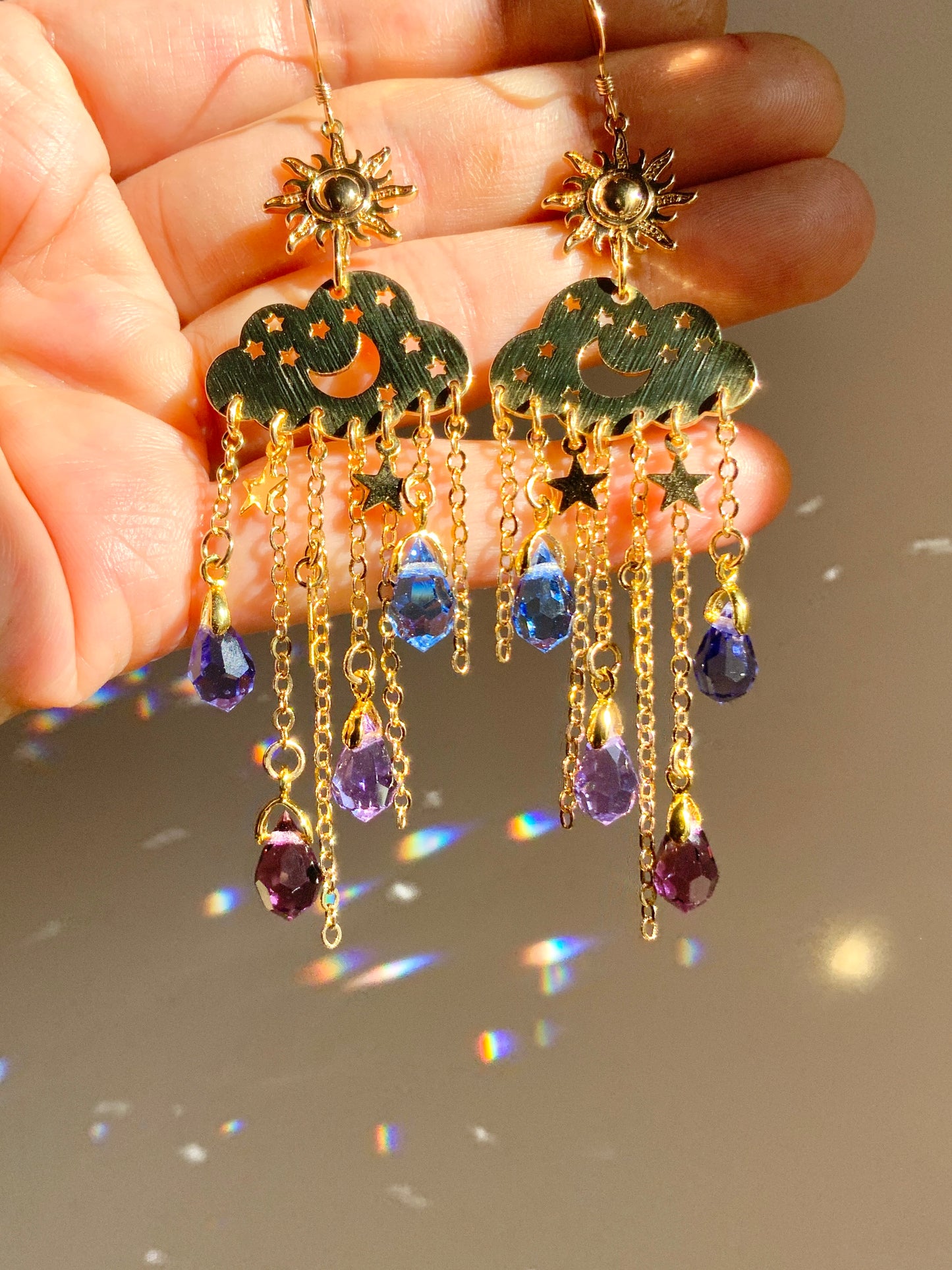 Ombré Purple Blue Crystal Rain Cloud earrings~ 18k Gold-Plated Sun Moon Celestial prism Suncatcher jewelry