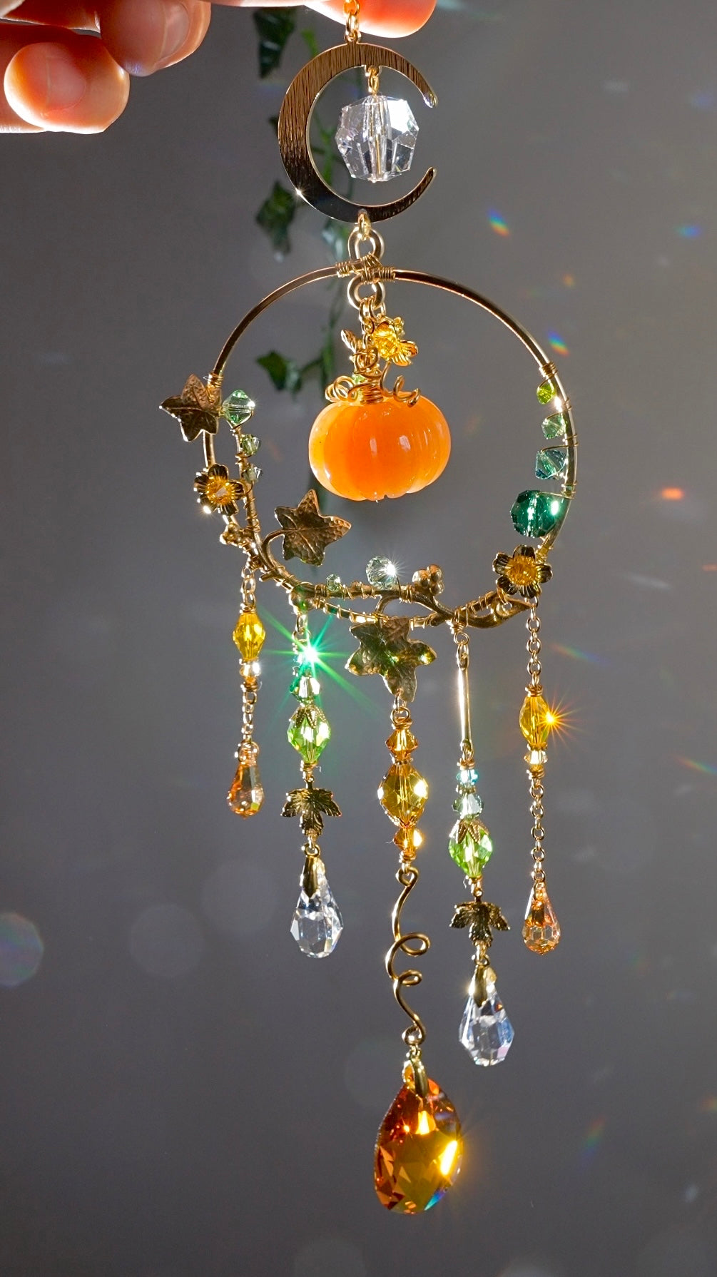 Orange Aventurine "Harvest pumpkin" Mini Suncatcher, Gemstone and Gold-plated Brass Crystal celestial witchy Halloween Decor