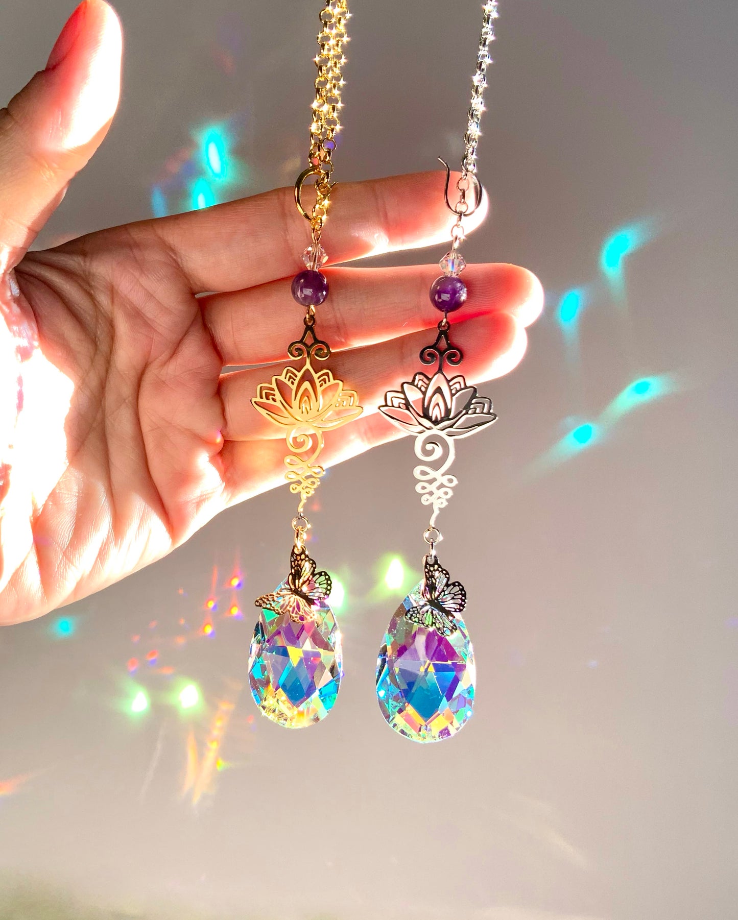 Amethyst Lotus Unalome Car Charm, Floral Gemstone Crystal Prism Suncatcher, home decor or car mirror hanger