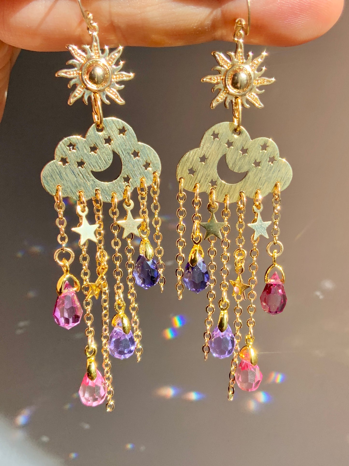 Ombré Sunset Crystal Rain Cloud earrings~ 18k Gold-Plated Sun Moon Celestial prism Suncatcher jewelry