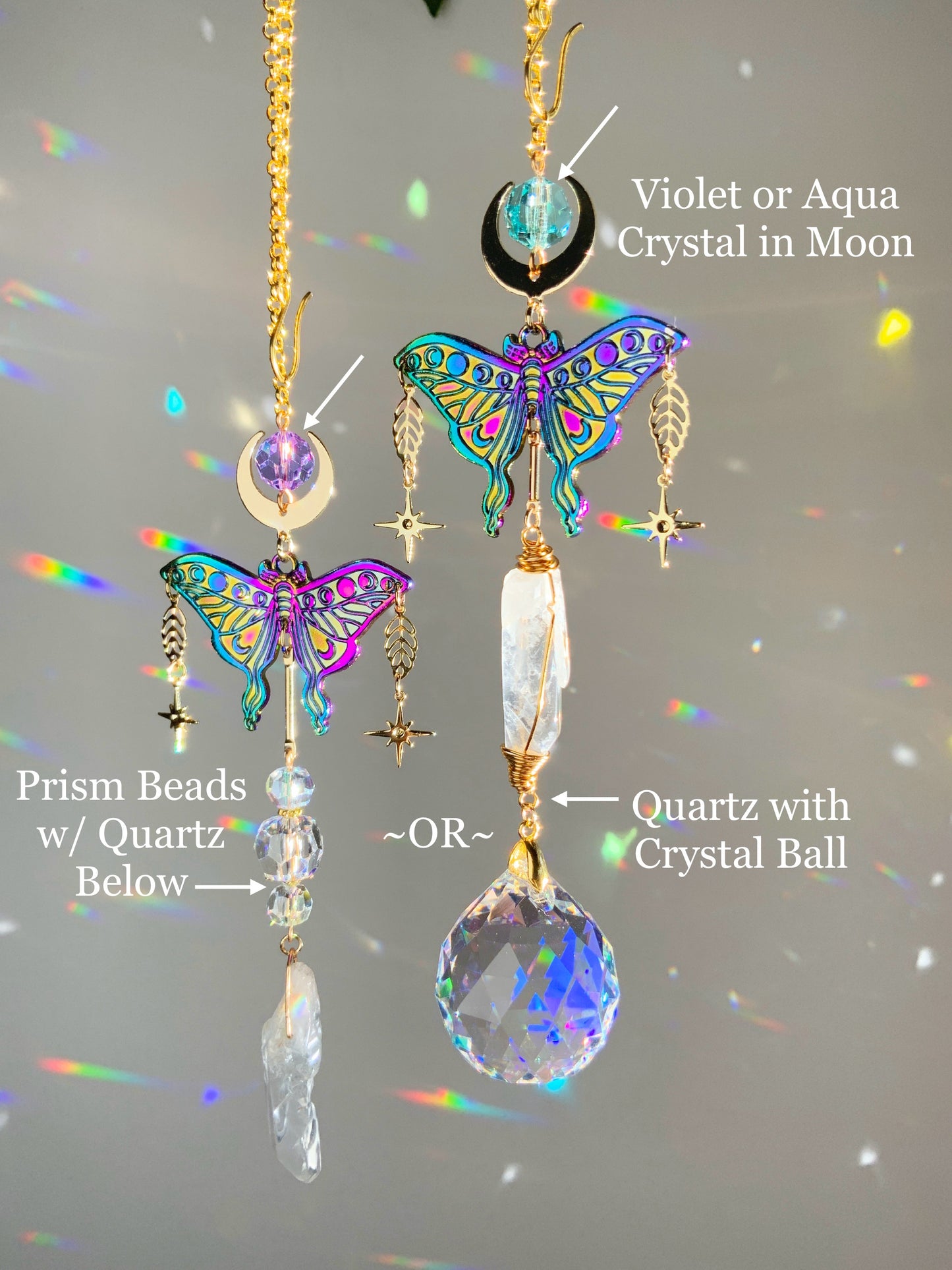 Mystic Luna Moth Car Charm, Raw Quartz 18k Gold-Plated Witchy Celestial Moon Stars Prism suncatcher, rearview mirror hanger