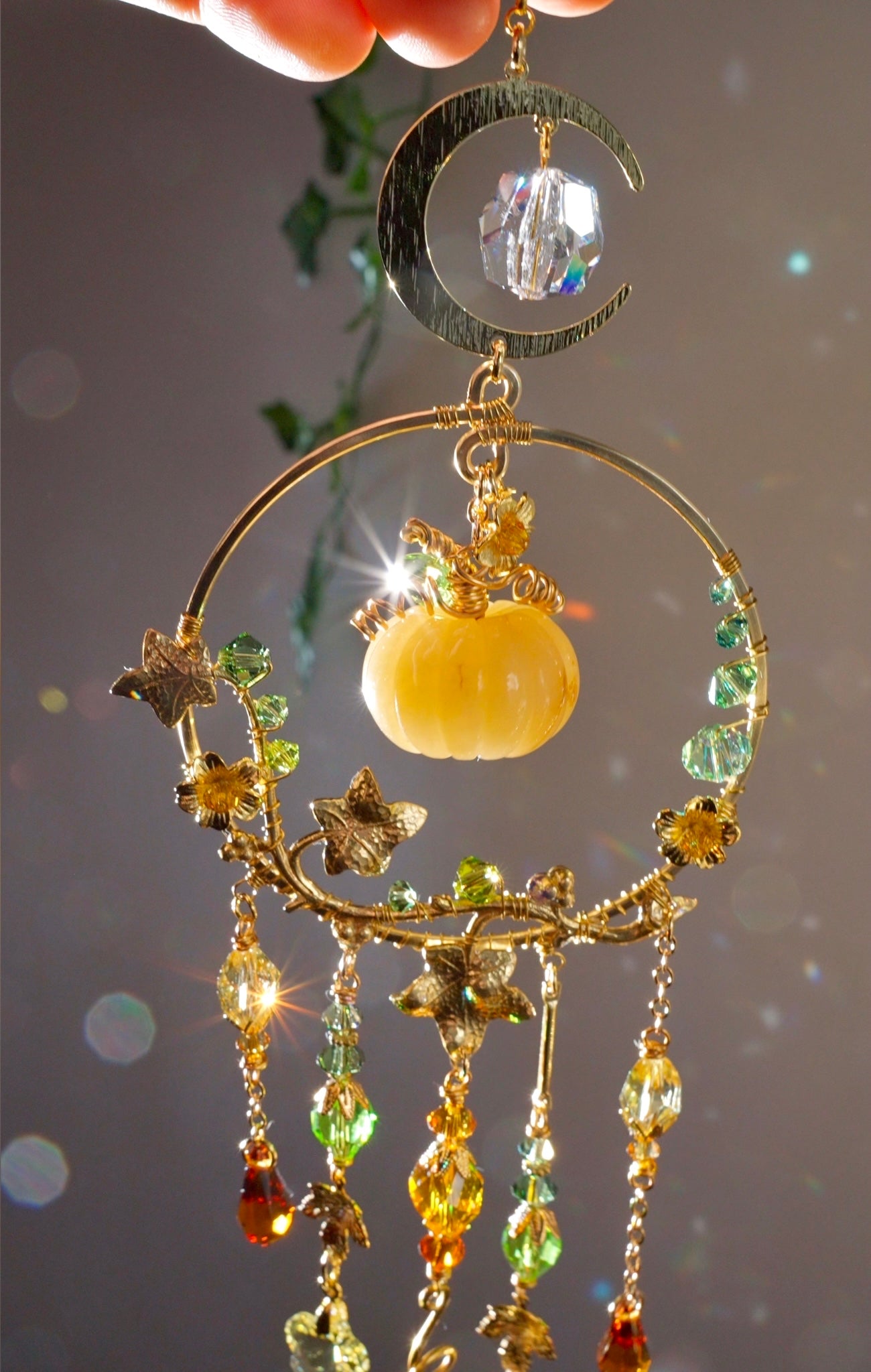 Yellow Quartz "Harvest pumpkin" Mini Suncatcher, Gemstone and Gold-plated Brass Crystal celestial witchy Halloween Decor