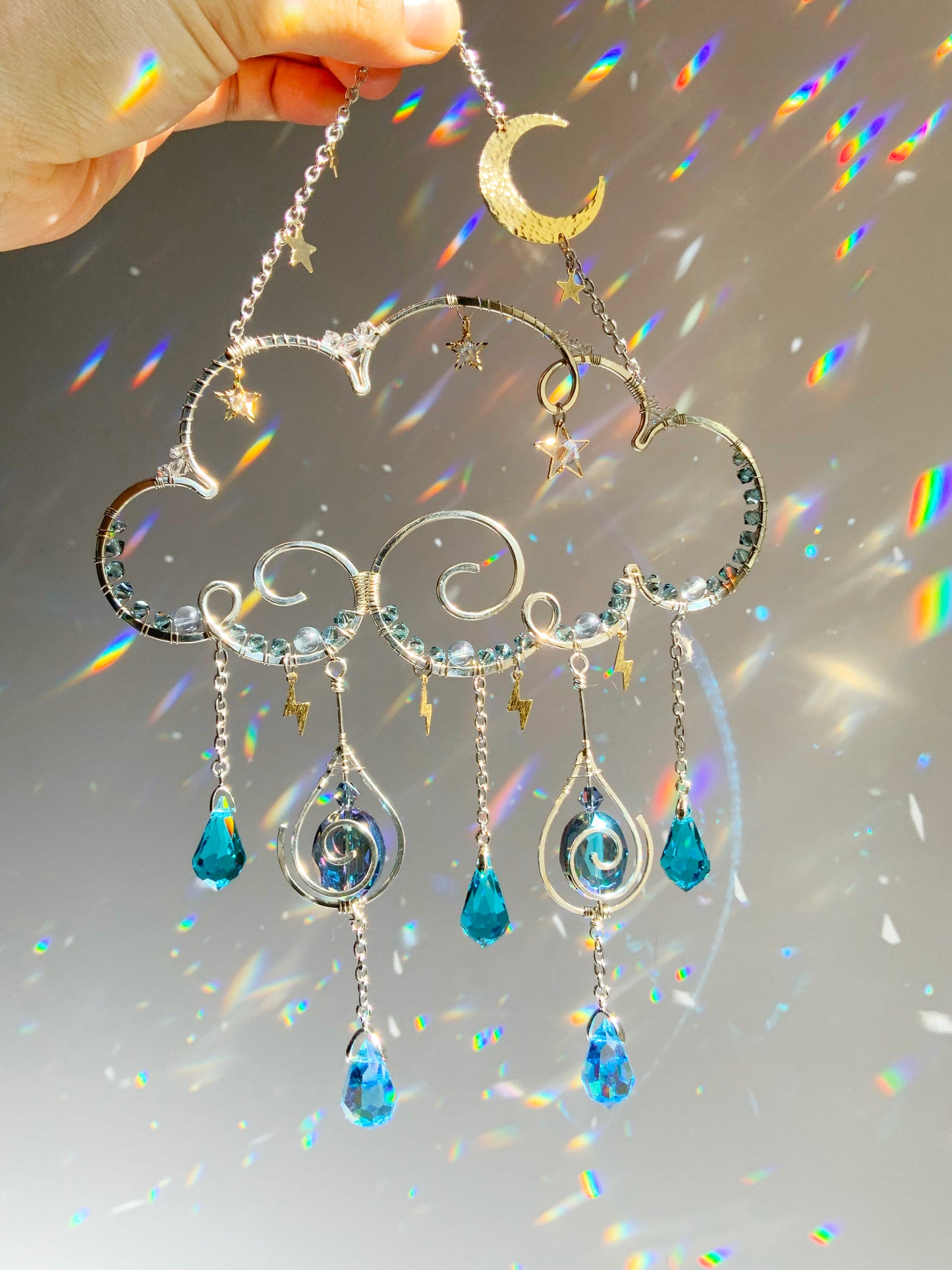 Rain Cloud Suncatcher with Moon, Stars, Lightning, and Crystal Raindrops