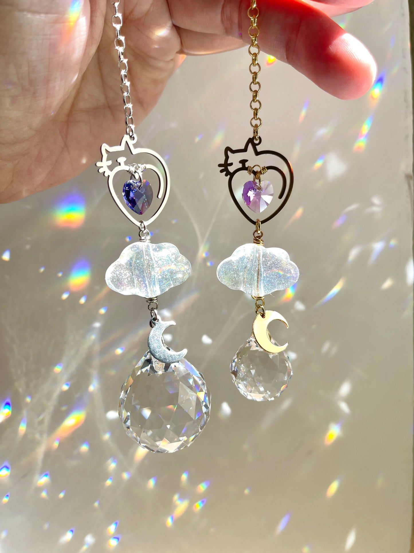 “Kitty in the Clouds” Pet Memorial Car Charm, Gold or Silver Crystal Prism suncatcher, rearview mirror hanger