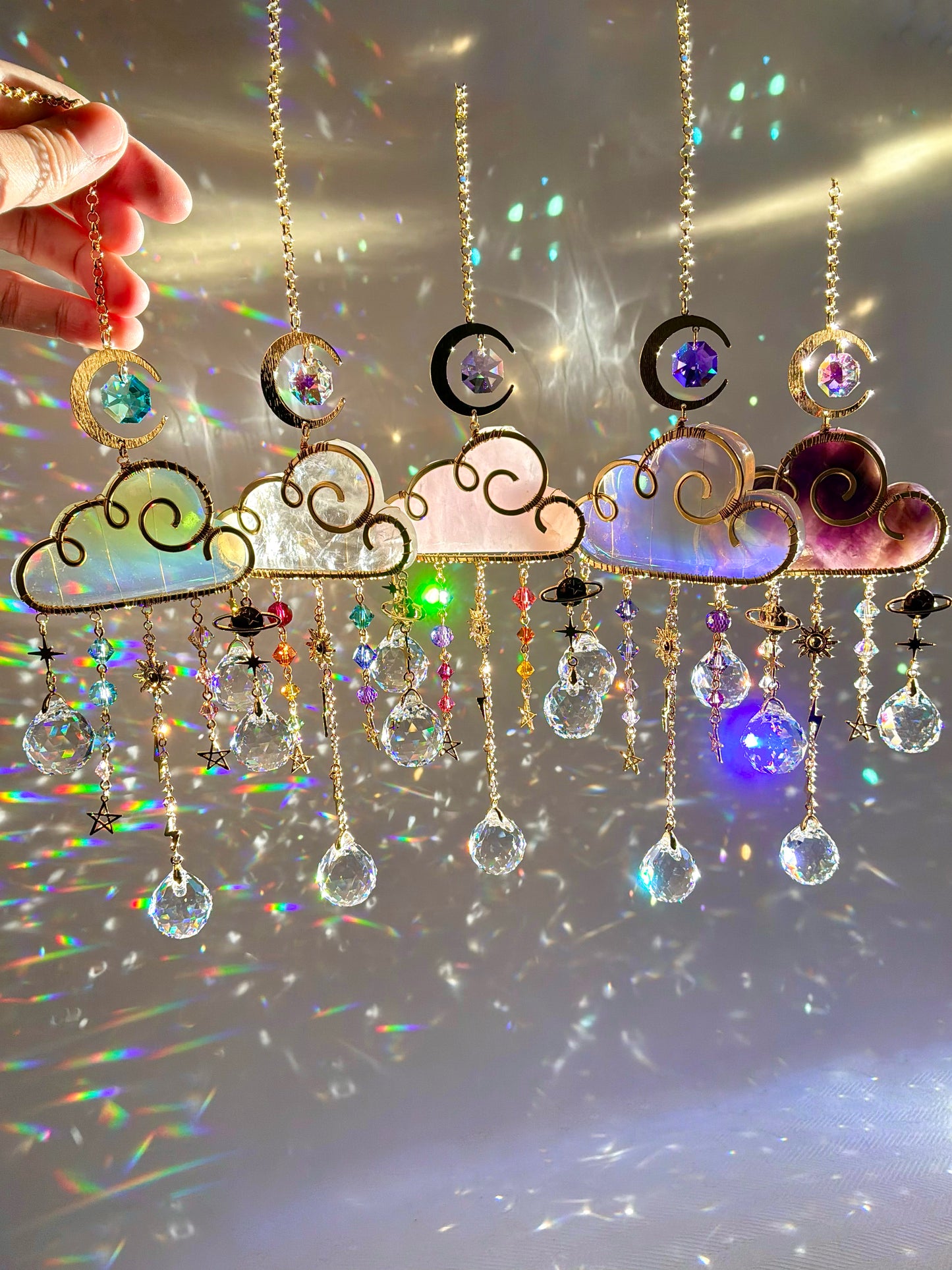Large Gemstone Rain Cloud Suncatchers ~ 18k Gold-Plated or Stainless Steel, Clear/ Rose Quartz, Purple Opalite, Amethyst with Crystal Prisms