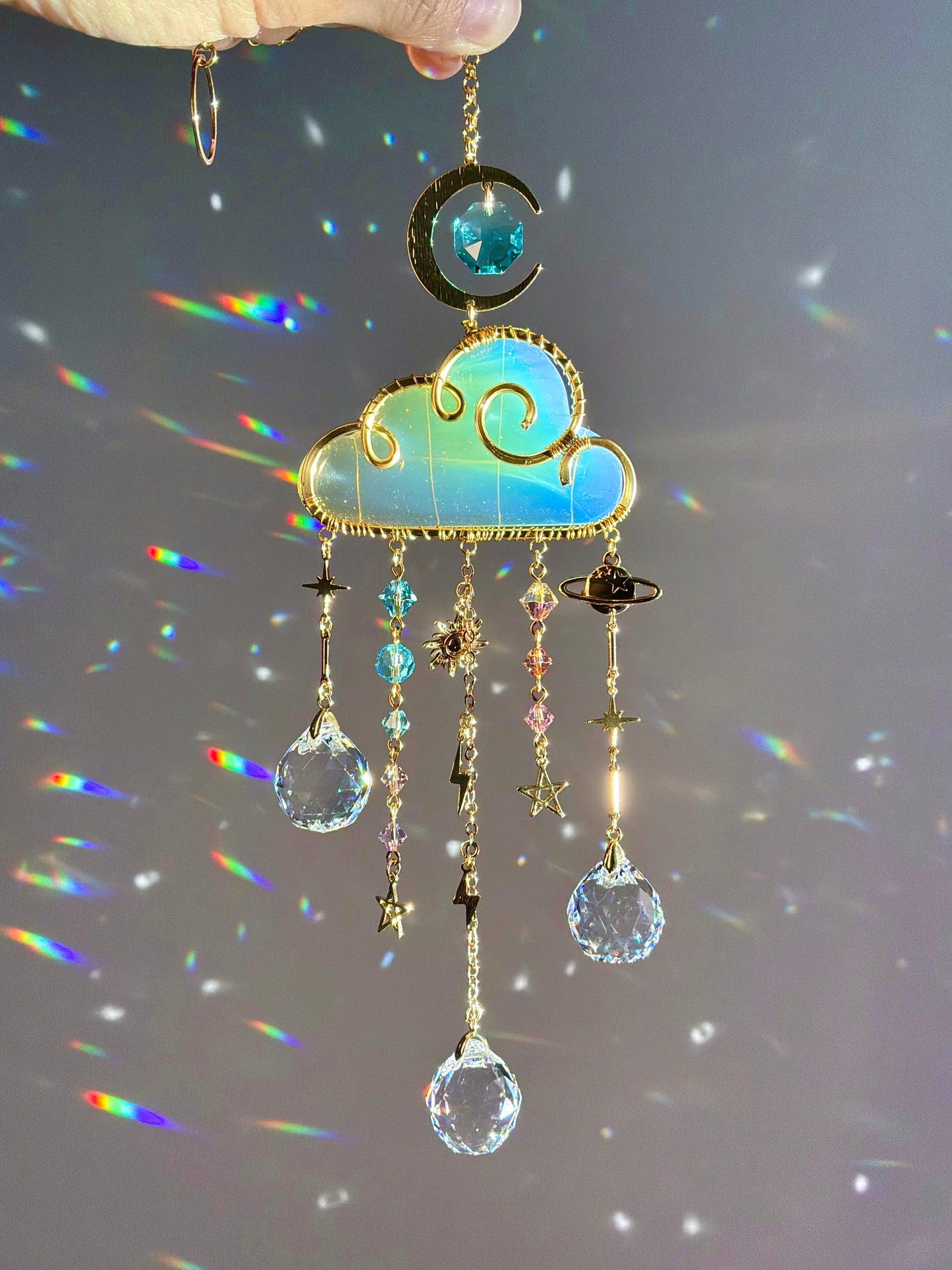 Large Gemstone Rain Cloud Suncatchers ~ 18k Gold-Plated or Stainless Steel, Clear/ Rose Quartz, Purple Opalite, Amethyst with Crystal Prisms