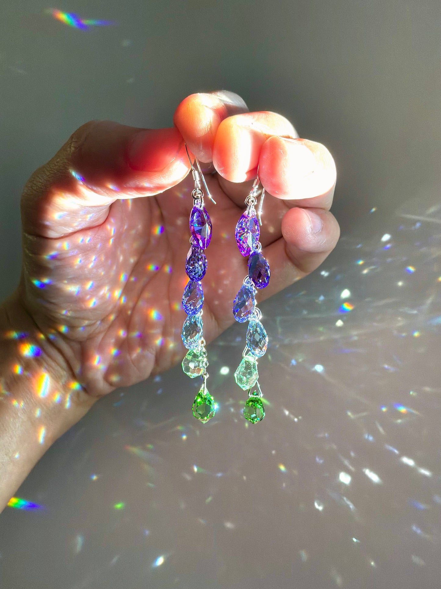 "Lavender & Sage" ~ *Luxe* Ombré Crystal Waterfall earrings, Sterling Silver or 14k Gold-Filled, indigo violet purple green jewelry