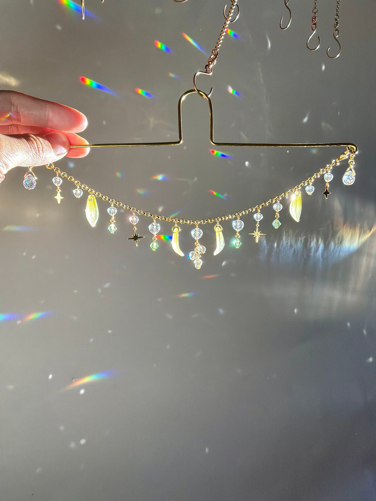 Lily of the Valley Moon Car Mirror Chain, 18k Gold-Plated May Birthflower Crystal Prism Suncatcher, car hanger
