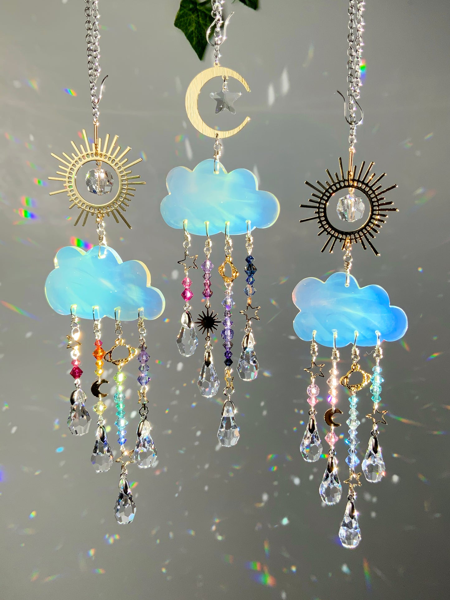 Hand-carved Opalite Rain Cloud Car Charm Suncatcher ~ 18k Gold-Plated, Stainless Steel, ombré Rainbow Crystal prisms