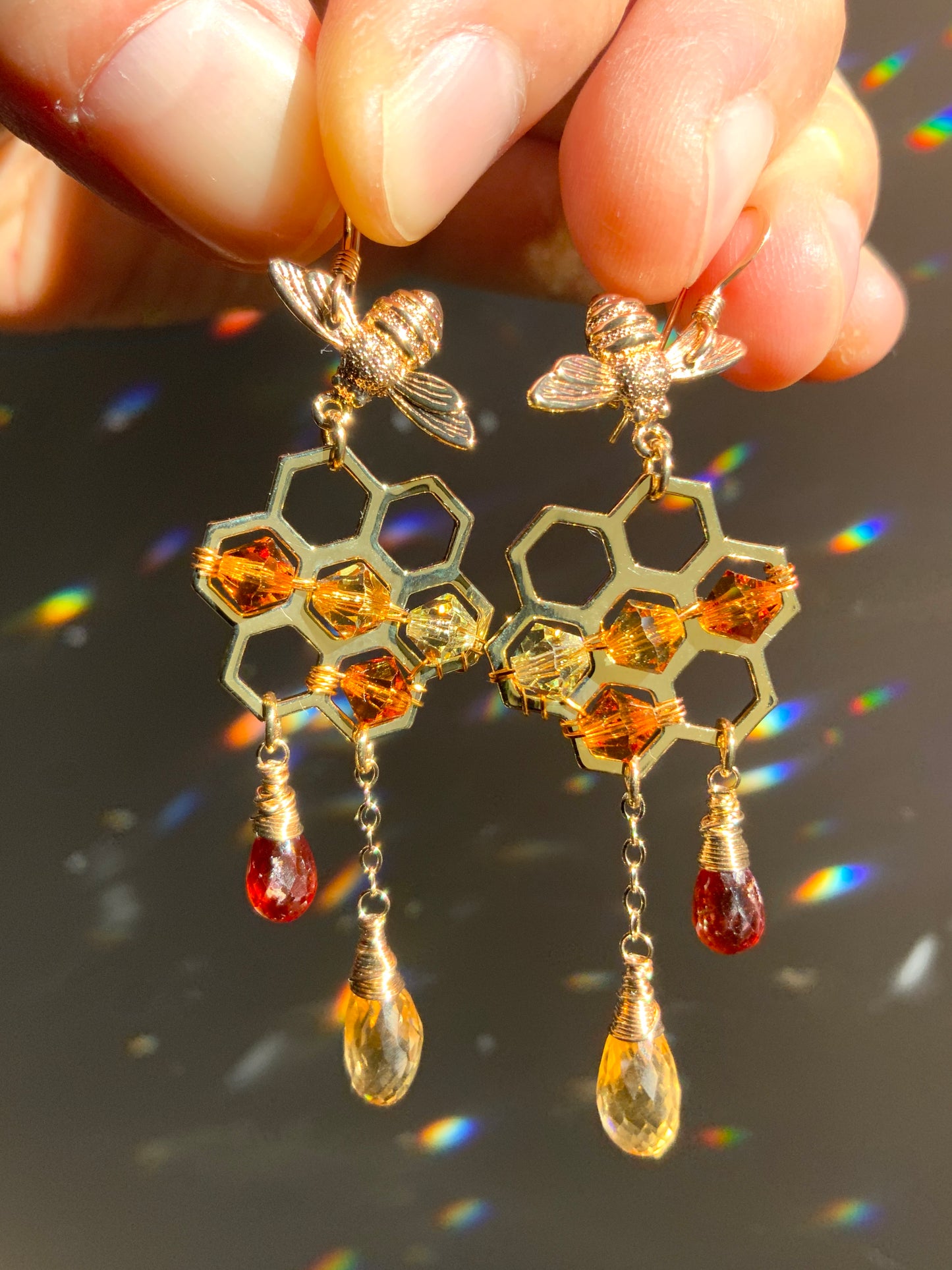 *Limited* Orange Garnet, Citrine, Honey Quartz Honeycomb Bee Earrings with ombré Crystal prisms, 18k Gold-Plated Honeybee