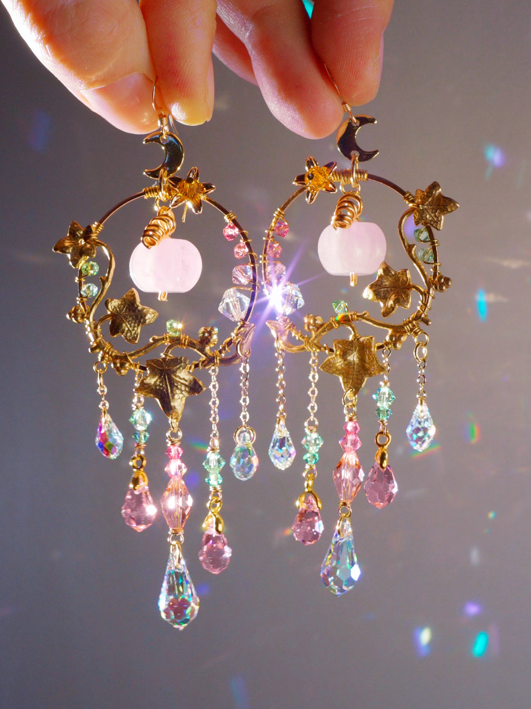 Rose Quartz "Harvest pumpkin" Earrings, Gemstone and Prism Gold-plated Brass Crystal Suncatcher witchy Halloween Jewelry