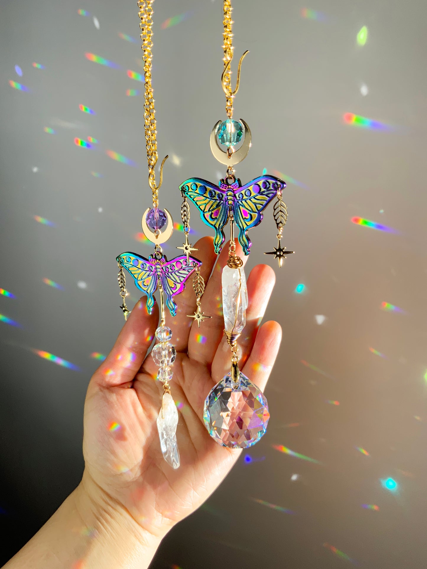 Mystic Luna Moth Car Charm, Raw Quartz 18k Gold-Plated Witchy Celestial Moon Stars Prism suncatcher, rearview mirror hanger