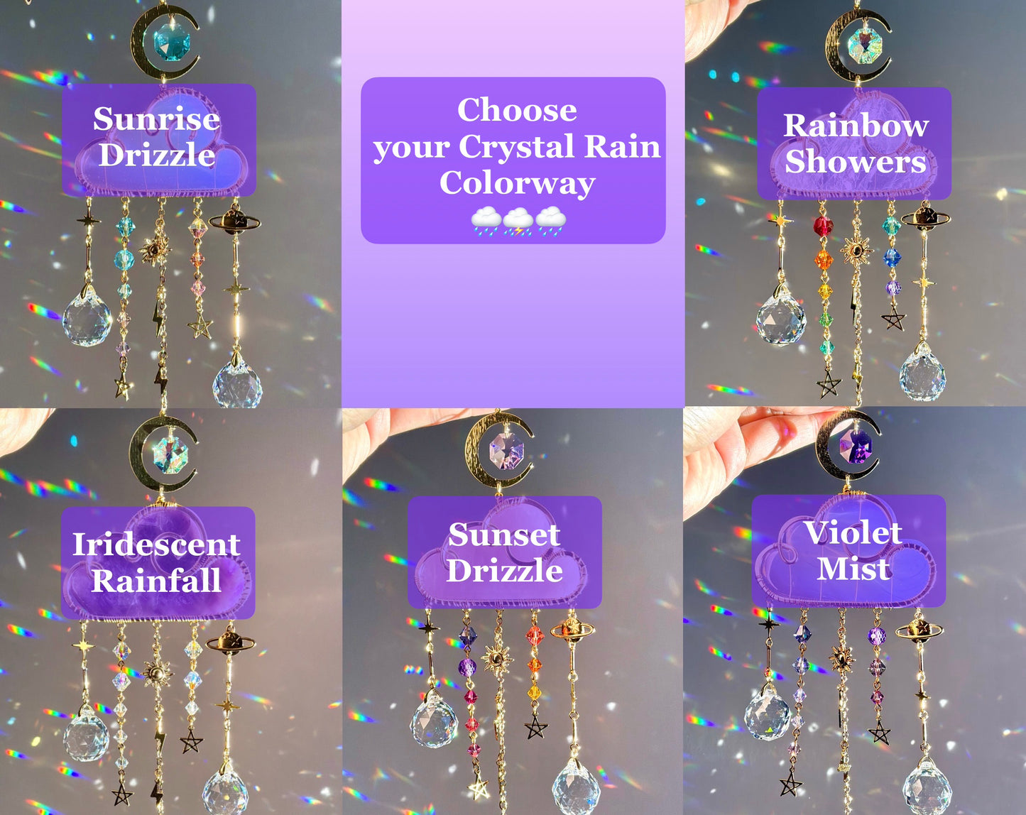 Large Gemstone Rain Cloud Suncatchers ~ 18k Gold-Plated or Stainless Steel, Clear/ Rose Quartz, Purple Opalite, Amethyst with Crystal Prisms