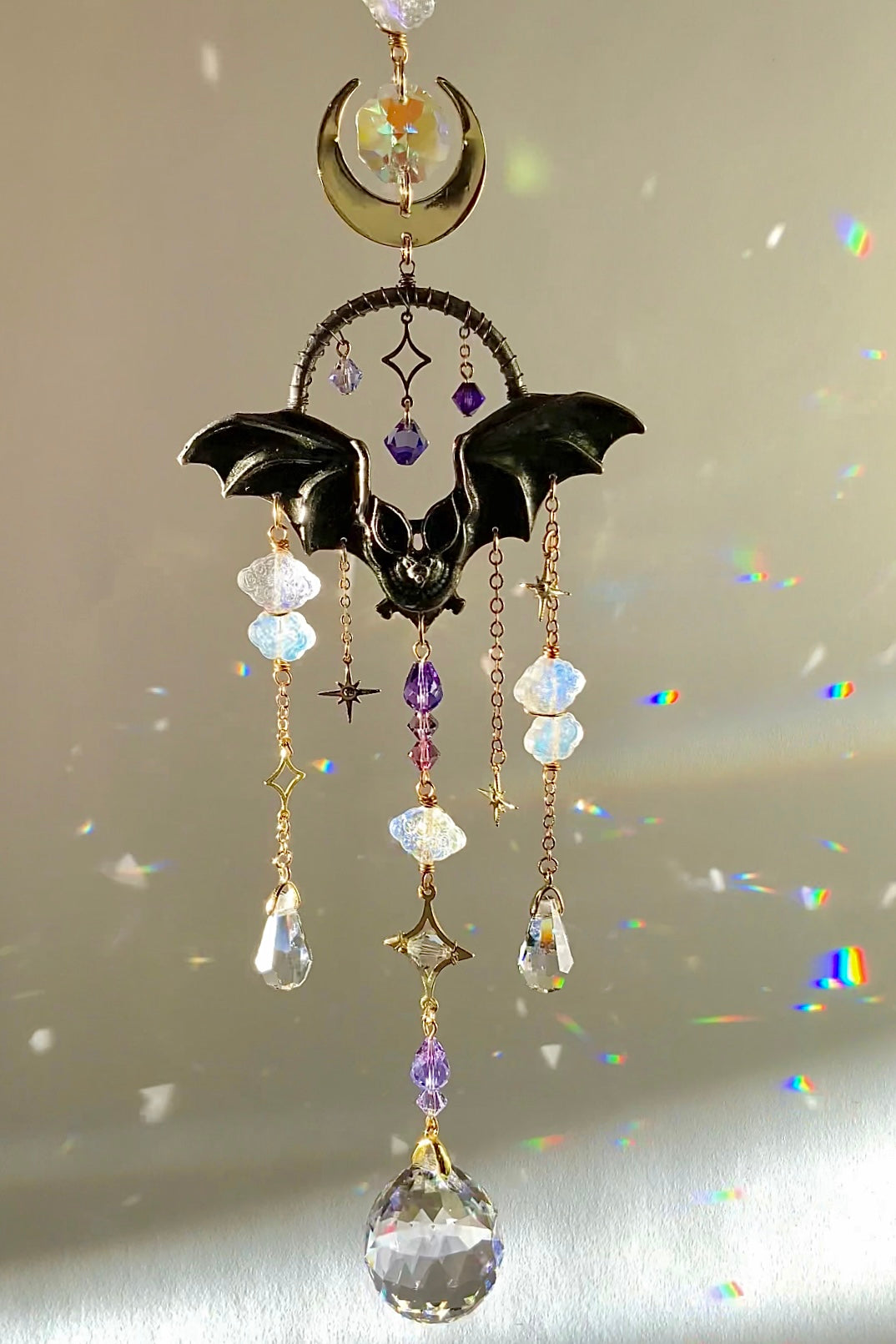 "Night Flight" Bat Mini Suncatcher, 18k Gold-Plated Moon Starry Night Clouds Crystal prisms, spooky Halloween Suncatchers