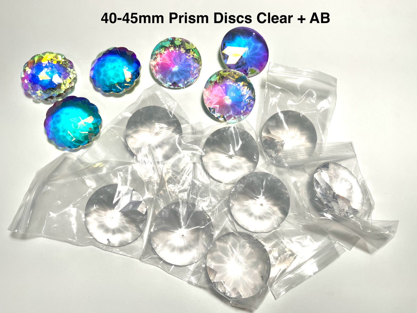 Flawed Destash— 1.5 lbs. Large 45mm Clear and Aura Disc Prisms— 14 pcs