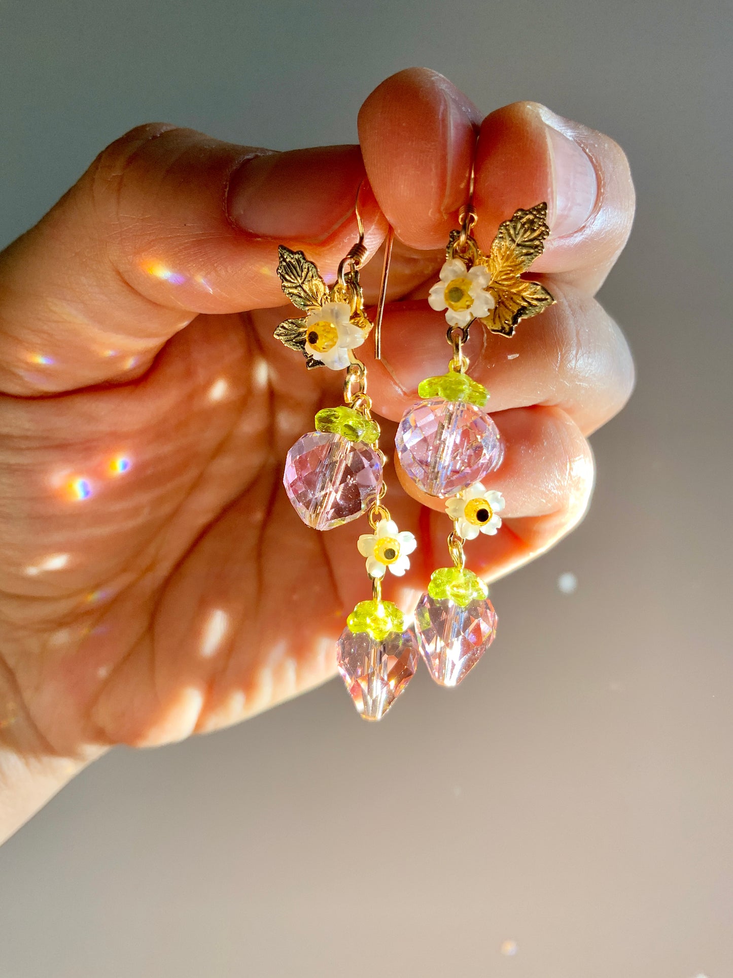 Pink Sparkle Strawberry Blossom Earrings~ Mother of Pearl, Crystal Prisms, 18k Gold-Plated Fruit jewelry