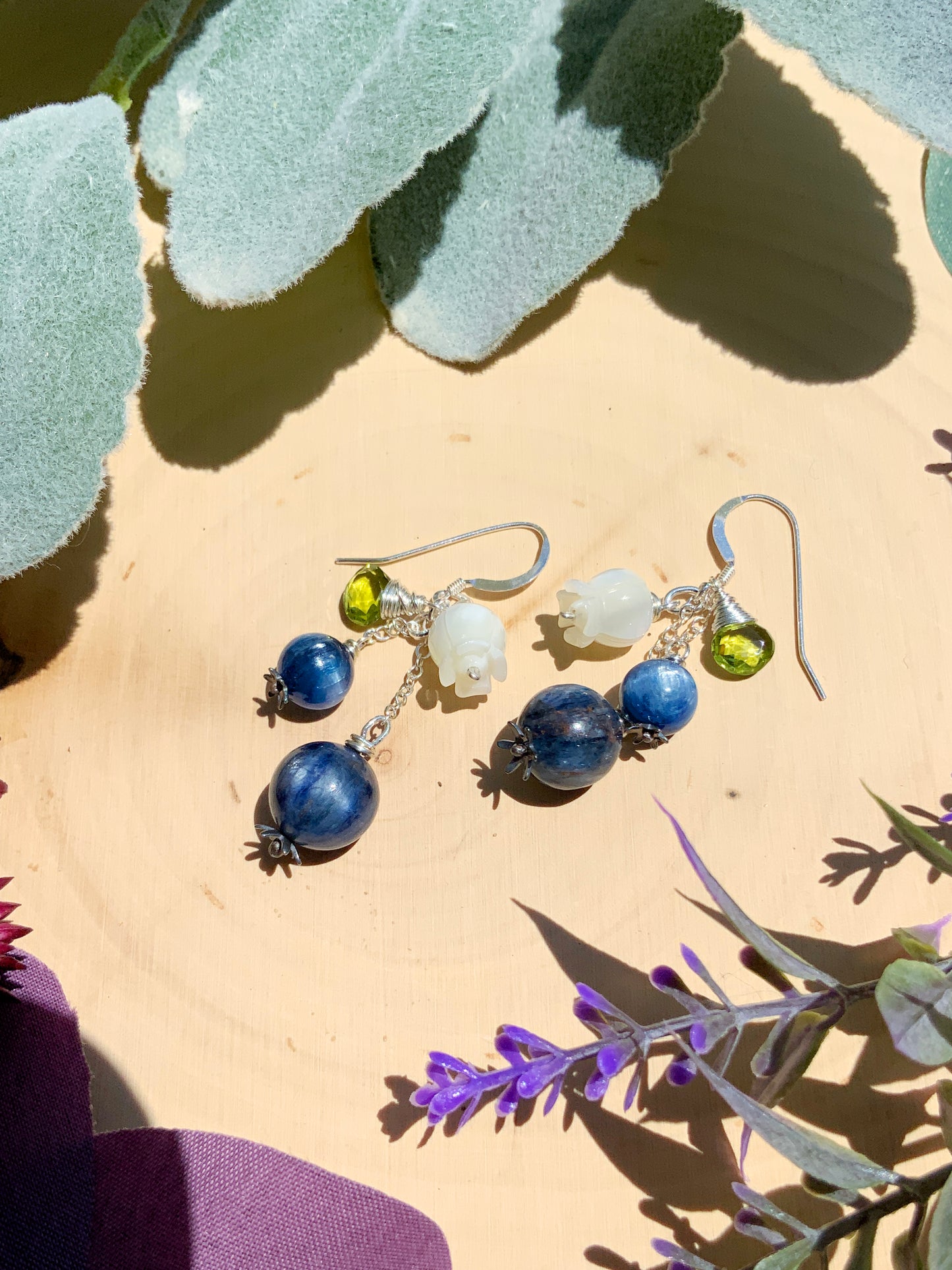 Kyanite Blueberry Blossom Earrings~ Peridot, Mother of Pearl, Sterling Silver or 14k Gold-Filled Blue Gemstone Fruit Jewelry